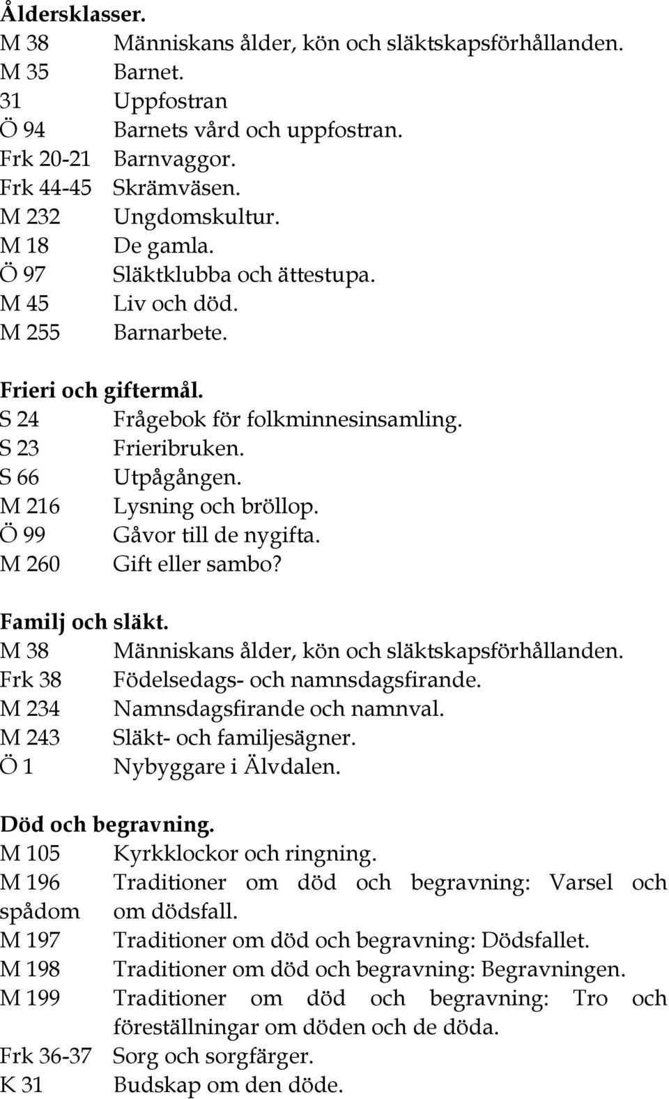 M 260 Gift eller sambo? Familj och släkt. M 38 Människans ålder, kön och släktskapsförhållanden. Frk 38 Födelsedags- och namnsdagsfirande. M 234 Namnsdagsfirande och namnval.