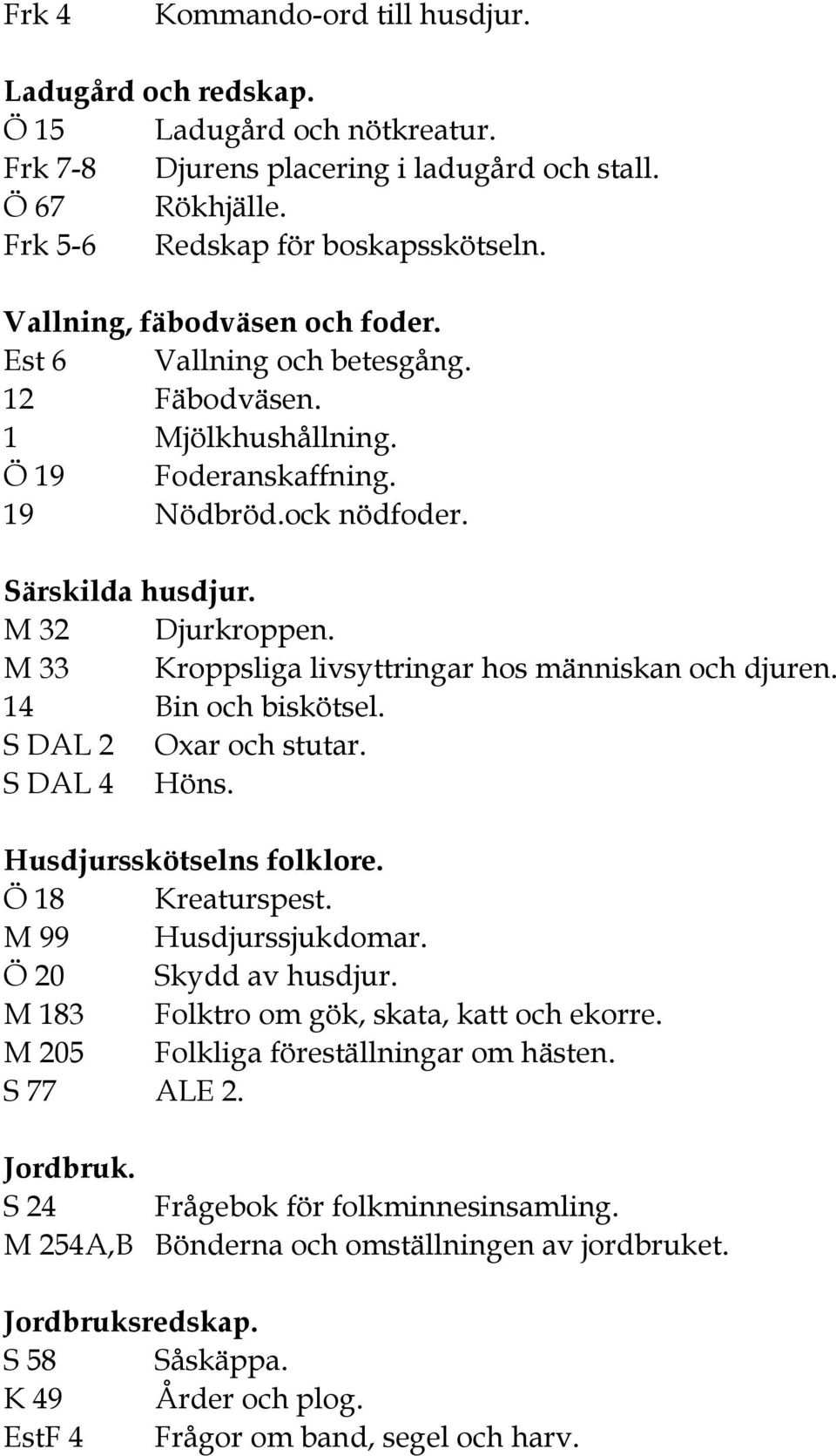 M 33 Kroppsliga livsyttringar hos människan och djuren. 14 Bin och biskötsel. S DAL 2 Oxar och stutar. S DAL 4 Höns. Husdjursskötselns folklore. Ö 18 Kreaturspest. M 99 Husdjurssjukdomar.