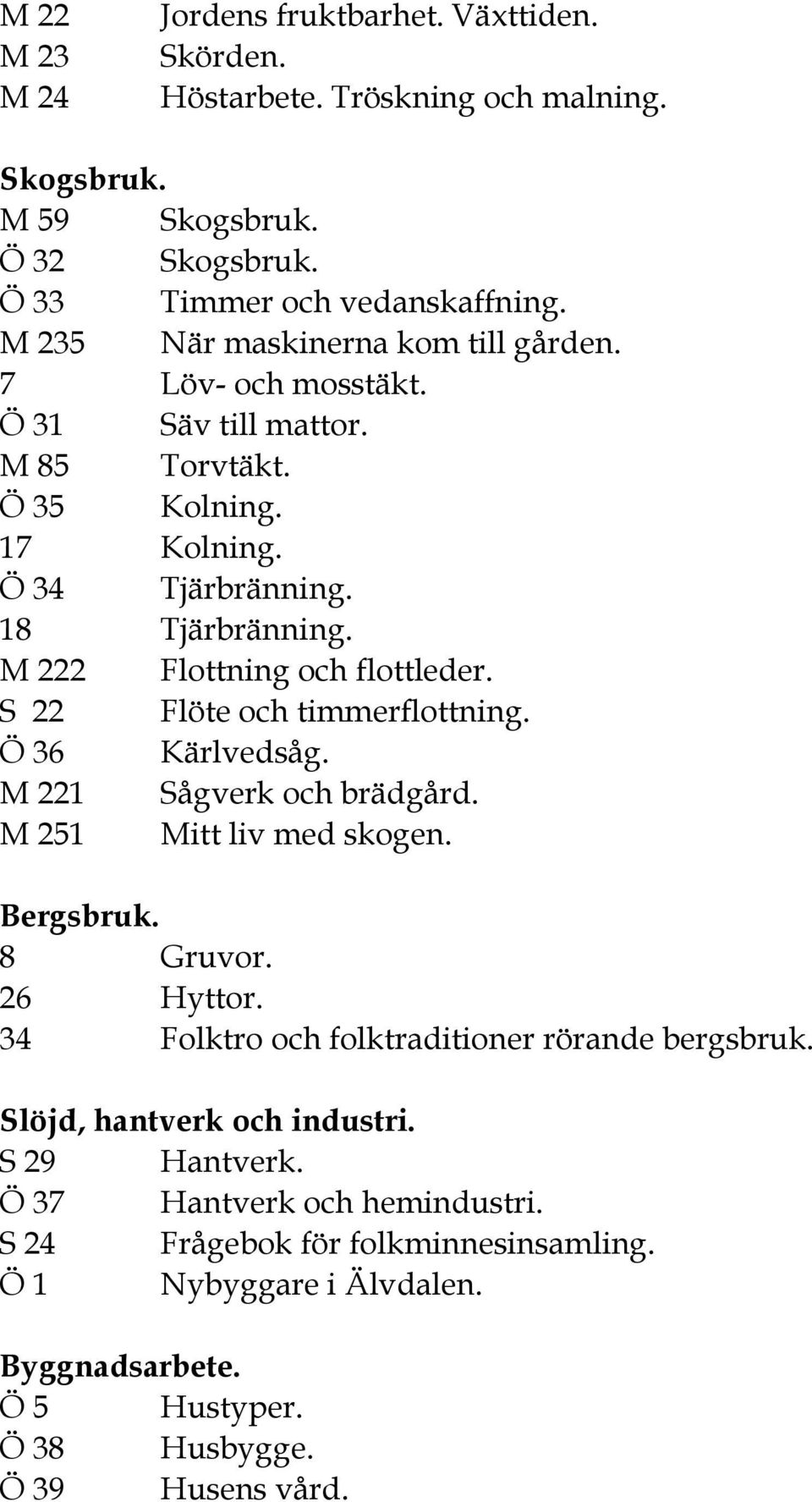 M 222 Flottning och flottleder. S 22 Flöte och timmerflottning. Ö 36 Kärlvedsåg. M 221 Sågverk och brädgård. M 251 Mitt liv med skogen. Bergsbruk. 8 Gruvor. 26 Hyttor.