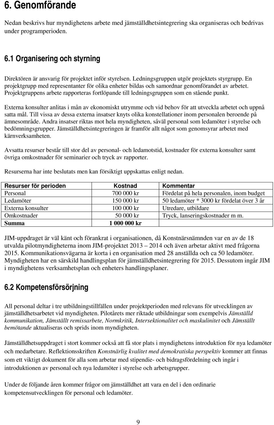 En projektgrupp med representanter för olika enheter bildas och samordnar genomförandet av arbetet. Projektgruppens arbete rapporteras fortlöpande till ledningsgruppen som en stående punkt.