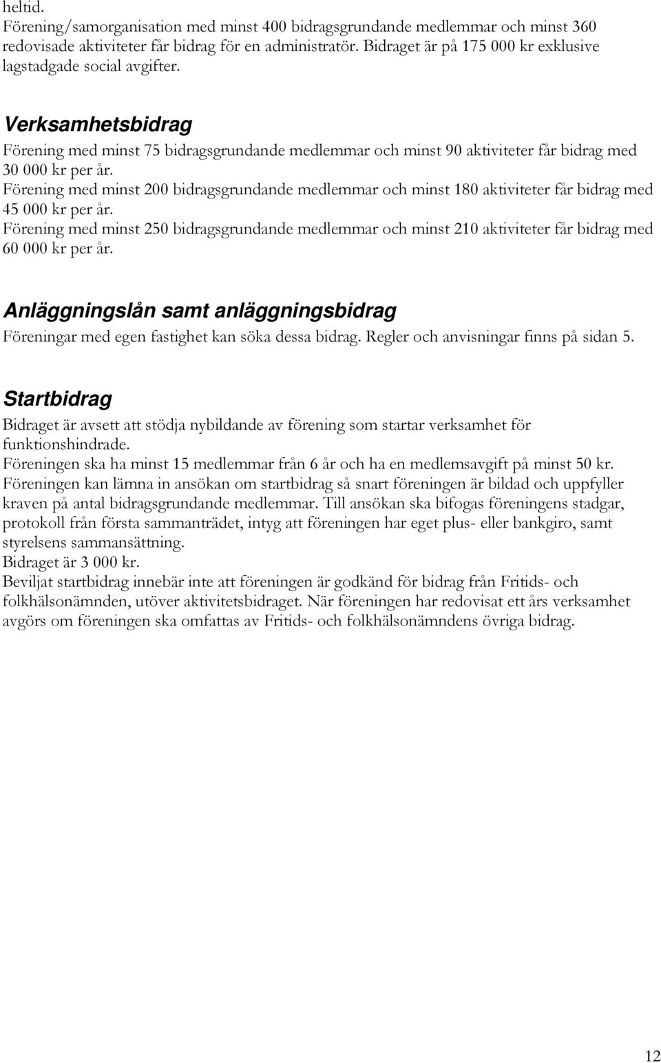 Förening med minst 200 bidragsgrundande medlemmar och minst 180 aktiviteter får bidrag med 45 000 kr per år.