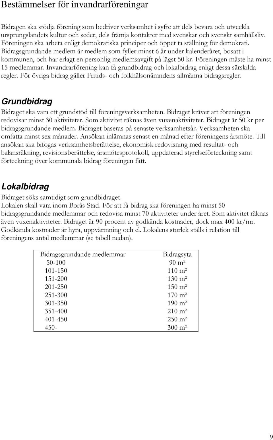 Bidragsgrundande medlem är medlem som fyller minst 6 år under kalenderåret, bosatt i kommunen, och har erlagt en personlig medlemsavgift på lägst 50 kr. Föreningen måste ha minst 15 medlemmar.