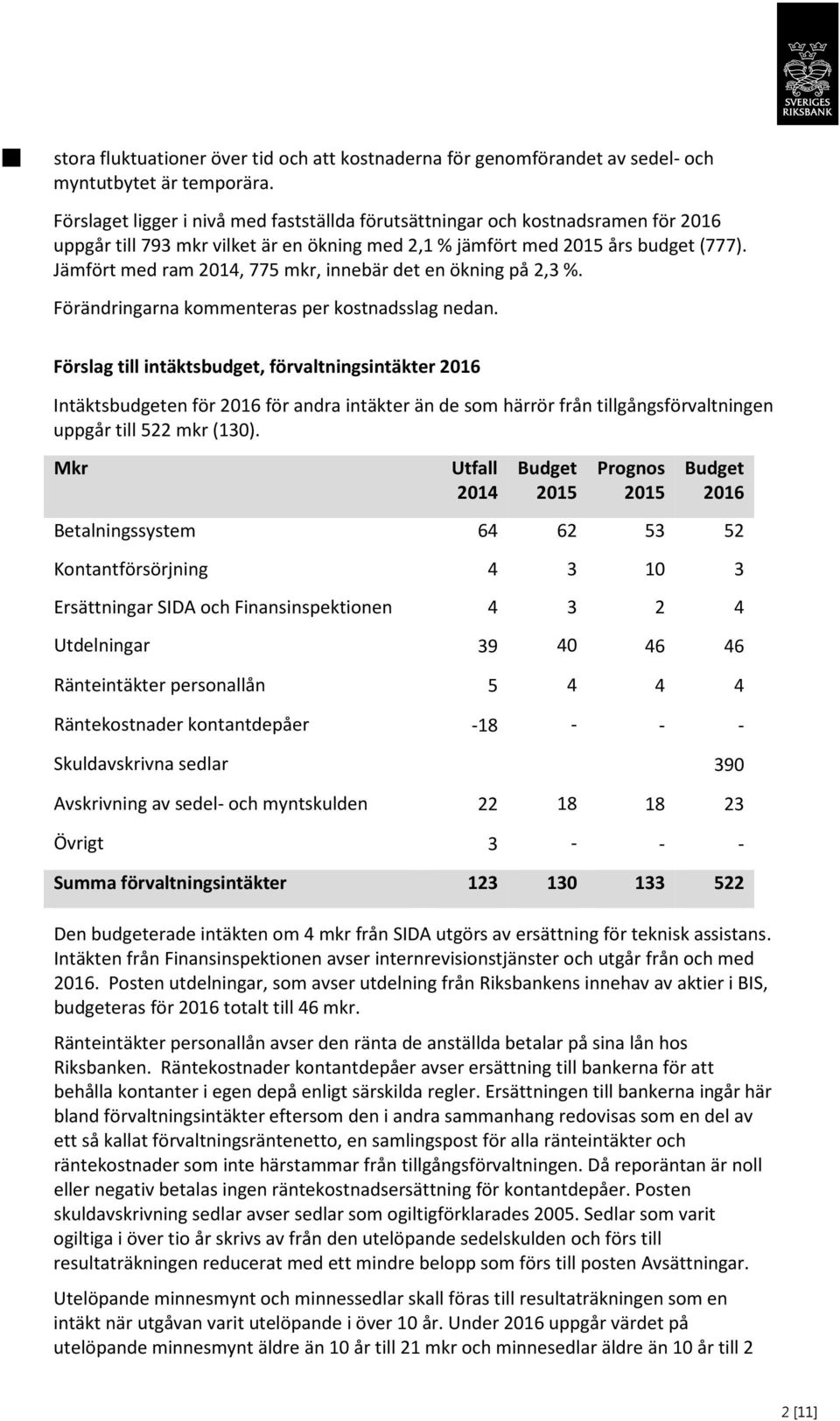 Jämfört med ram 2014, 775 mkr, innebär det en ökning på 2,3 %. Förändringarna kommenteras per kostnadsslag nedan.