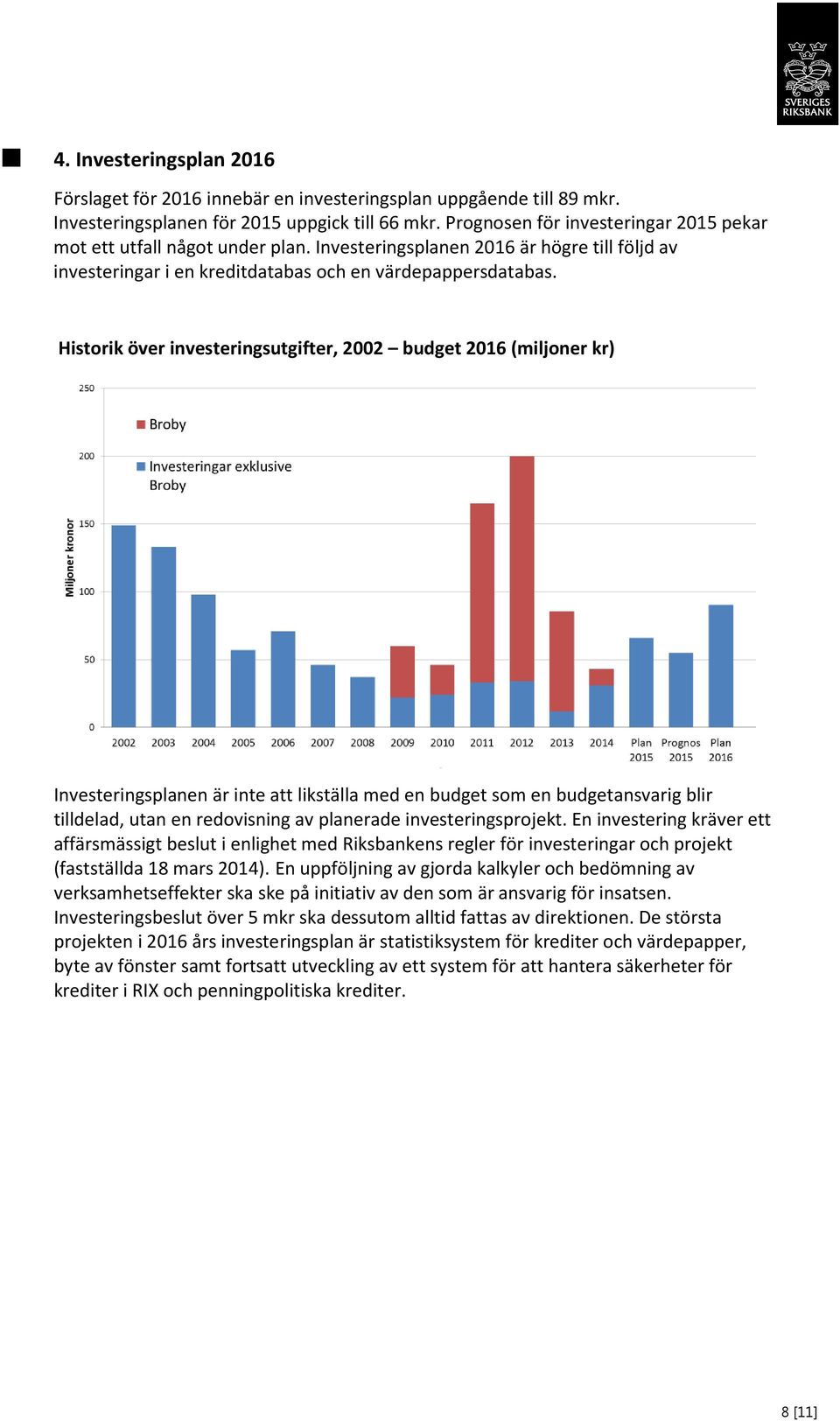 Historik över investeringsutgifter, 2002 budget 2016 (miljoner kr) Investeringsplanen är inte att likställa med en budget som en budgetansvarig blir tilldelad, utan en redovisning av planerade