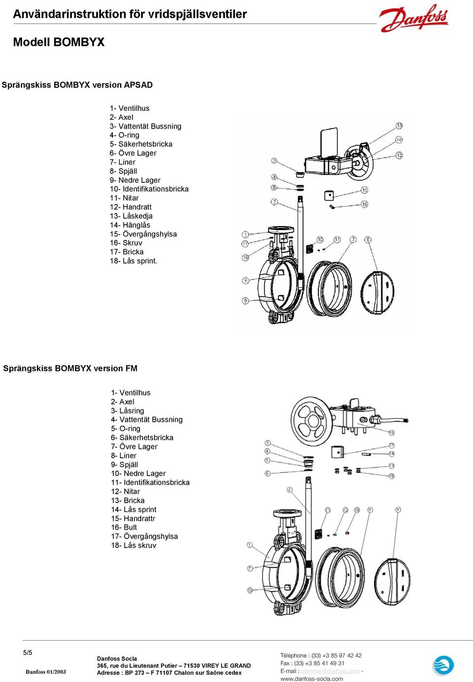 Sprängskiss BOMBYX version FM 1- Ventilhus 2- Axel 3- Låsring 4- Vattentät Bussning 5- O-ring 6- Säkerhetsbricka 7- Övre Lager 8- Liner 9- Spjäll 10-