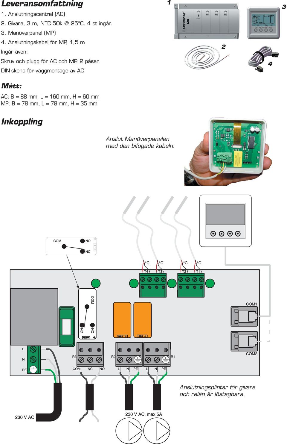 DIN-skena för väggmontage av AC Mått: AC: B = 88 mm, L = 160 mm, H = 60 mm MP: B = 78 mm, L = 78 mm, H = 35