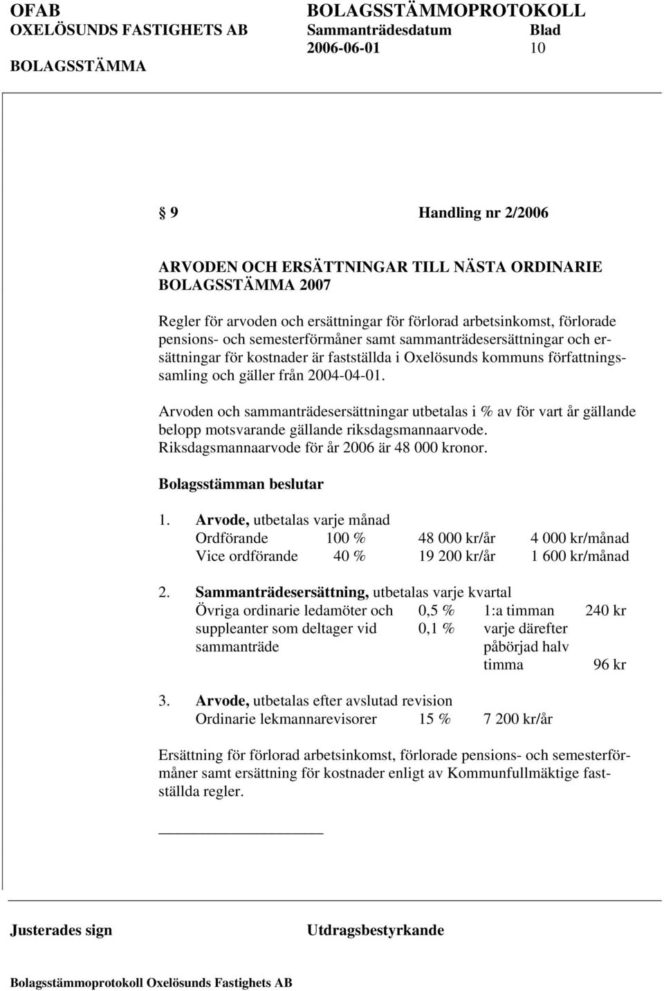 Arvoden och sammanträdesersättningar utbetalas i % av för vart år gällande belopp motsvarande gällande riksdagsmannaarvode. Riksdagsmannaarvode för år 2006 är 48 000 kronor. Bolagsstämman beslutar 1.