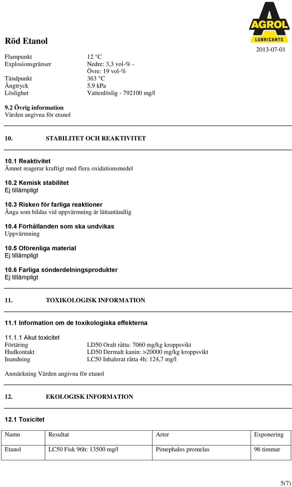 3 Risken för farliga reaktioner Ånga som bildas vid uppvärmning är lättantändlig 10.4 Förhållanden som ska undvikas Uppvärmning 10.5 Oförenliga material Ej tillämpligt 10.