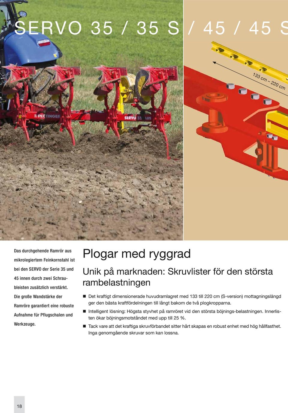 Plogar med ryggrad Unik på marknaden: Skruvlister för den största rambelastningen Det kraftigt dimensionerade huvudramlagret med 133 till 220 cm (S-version) mottagningslängd ger den bästa