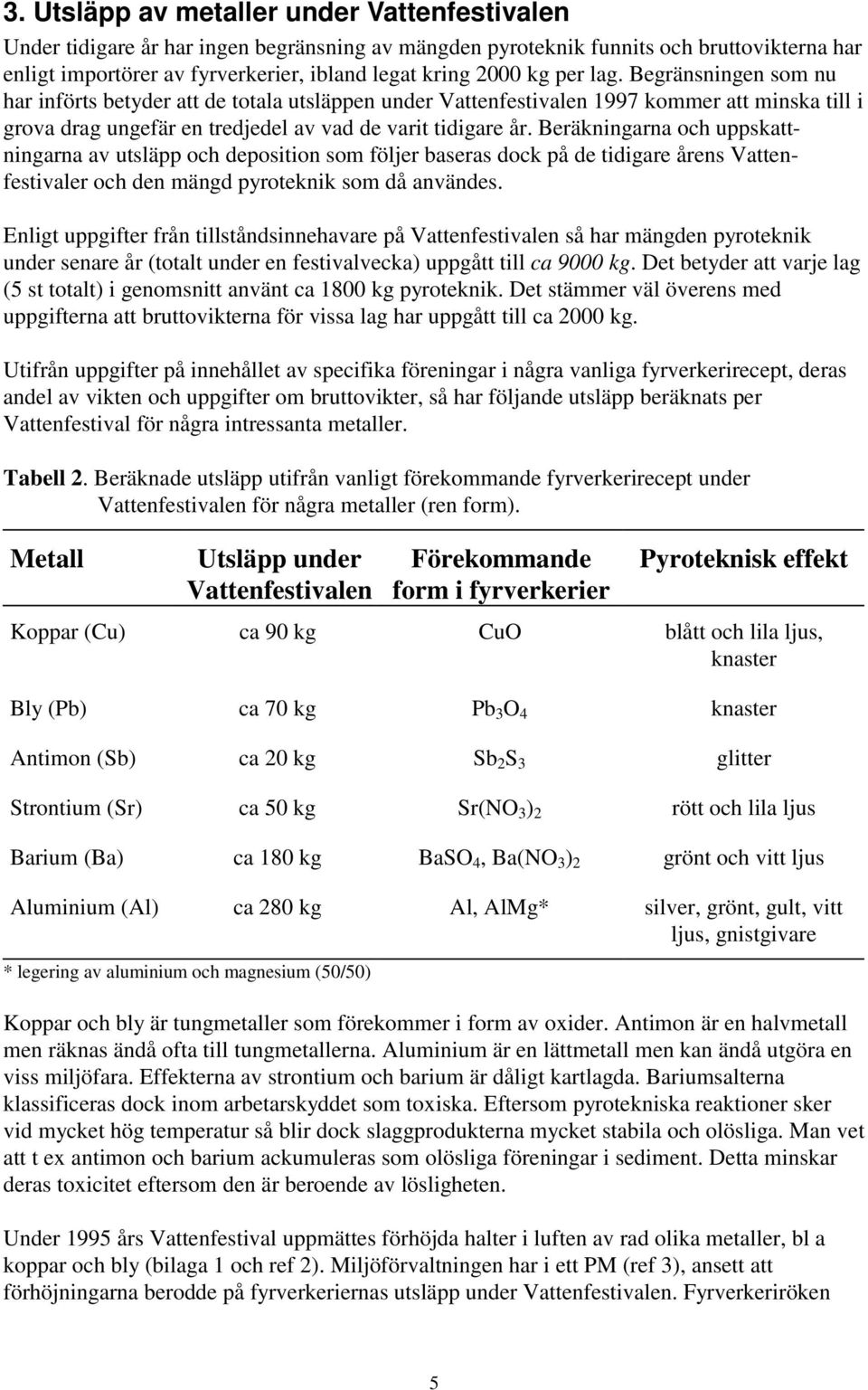 Beräkningarna och uppskattningarna av utsläpp och deposition som följer baseras dock på de tidigare årens Vattenfestivaler och den mängd pyroteknik som då användes.