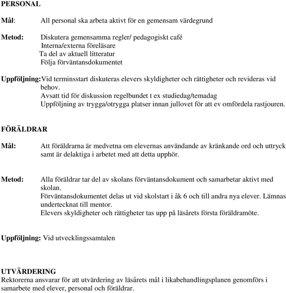 Avsatt tid för diskussion regelbundet t ex studiedag/temadag Uppföljning av trygga/otrygga platser innan jullovet för att ev omfördela rastjouren.