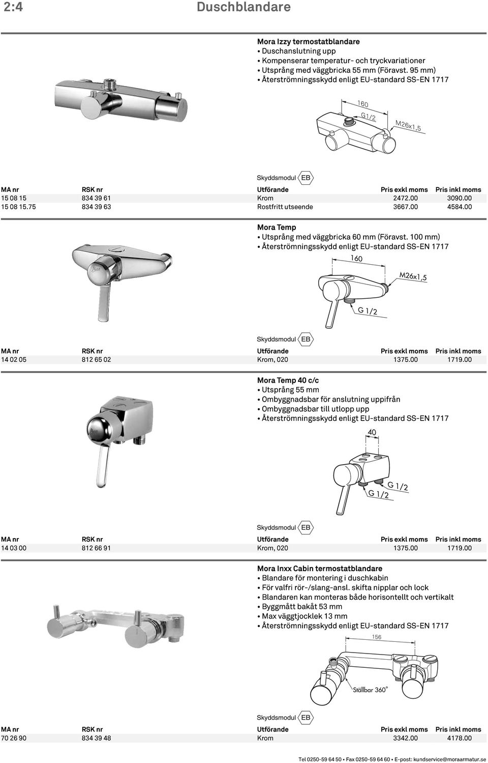 00 Mora Temp Utsprång med väggbricka 60 mm (Föravst. 100 mm) Återströmningsskydd enligt EU-standard SS-EN 1717 14 02 05 812 65 02 Krom, 020 1375.00 1719.