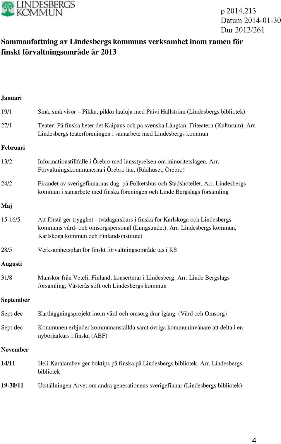 Lindesbergs teaterföreningen i samarbete med Lindesbergs kommun Februari 13/2 Informationstillfälle i Örebro med länsstyrelsen om minoritetslagen. Arr. Förvaltningskommunerna i Örebro län.