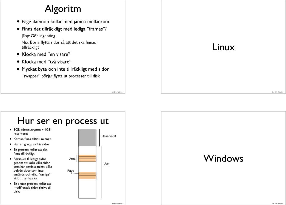 börjar flytta ut processer till disk Linux 3GB adressutrymm + 1GB reserverat Kärnan finns alltid i minnet Har en grupp av fria sidor En process kollar att det finns tillräckligt