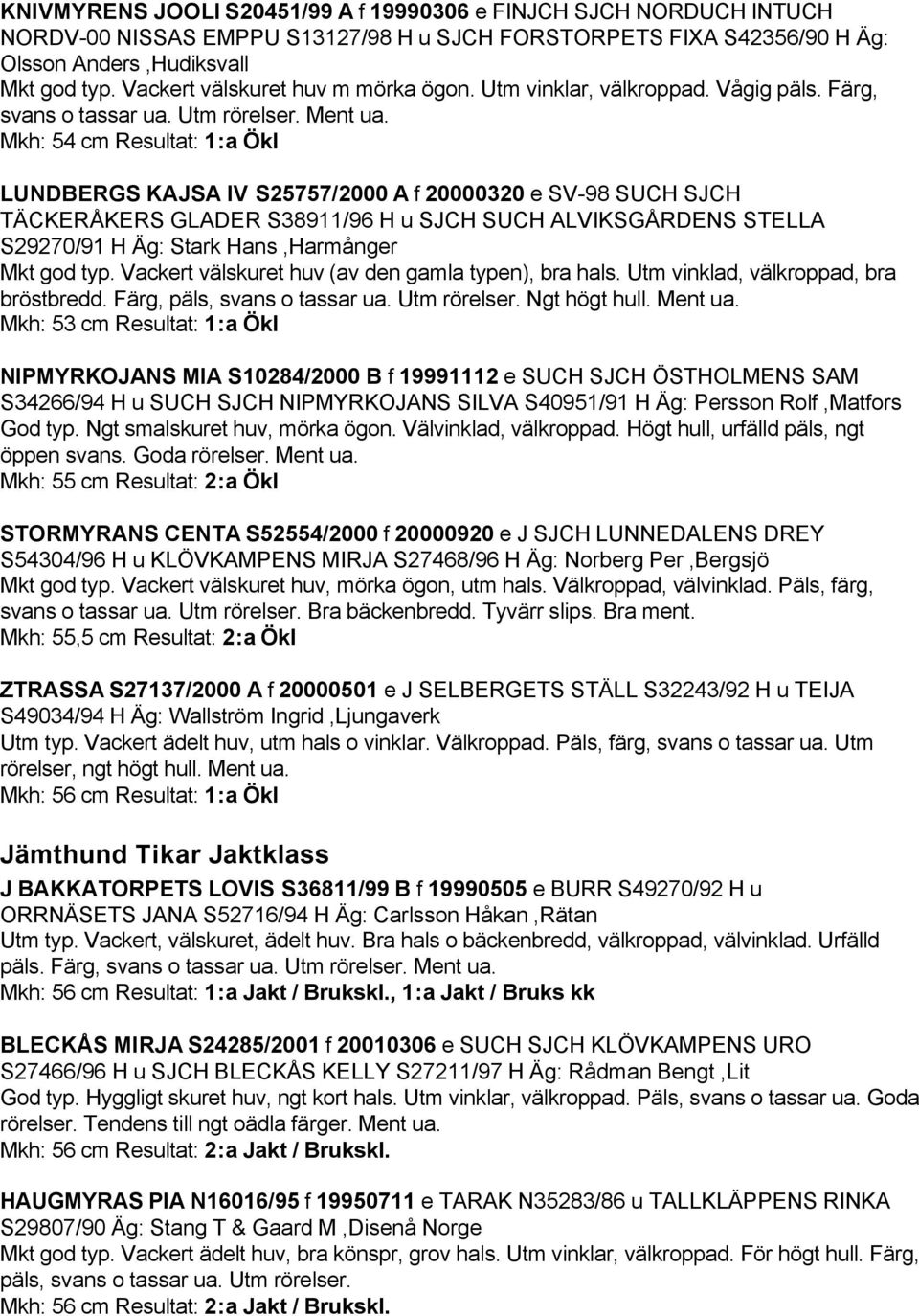 Mkh: 54 cm Resultat: 1:a Ökl LUNDBERGS KAJSA IV S25757/2000 A f 20000320 e SV-98 SUCH SJCH TÄCKERÅKERS GLADER S38911/96 H u SJCH SUCH ALVIKSGÅRDENS STELLA S29270/91 H Äg: Stark Hans,Harmånger Mkt god