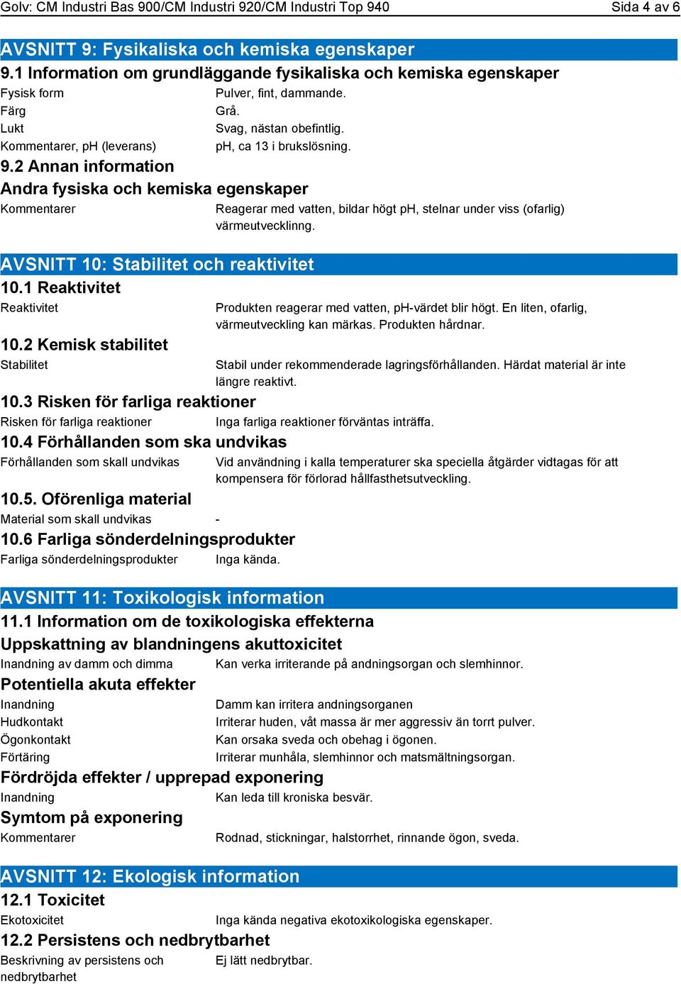 2 Annan information Andra fysiska och kemiska egenskaper Kommentarer AVSNITT 10: Stabilitet och reaktivitet 10.1 Reaktivitet Reaktivitet 10.