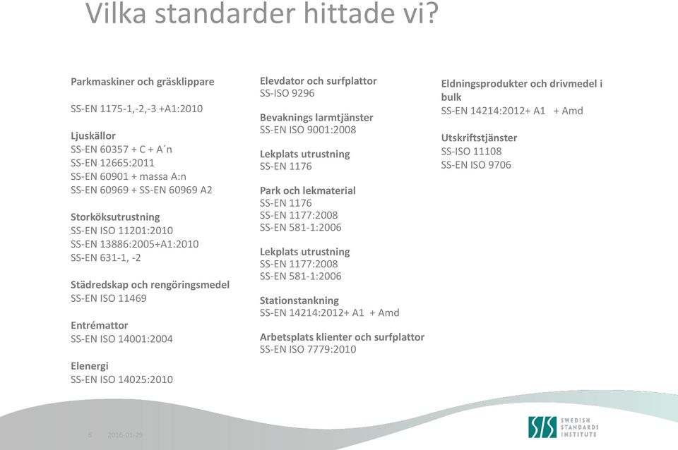 11201:2010 SS-EN 13886:2005+A1:2010 SS-EN 631-1, -2 Städredskap och rengöringsmedel SS-EN ISO 11469 Entrémattor SS-EN ISO 14001:2004 Elenergi SS-EN ISO 14025:2010 Elevdator och surfplattor SS-ISO