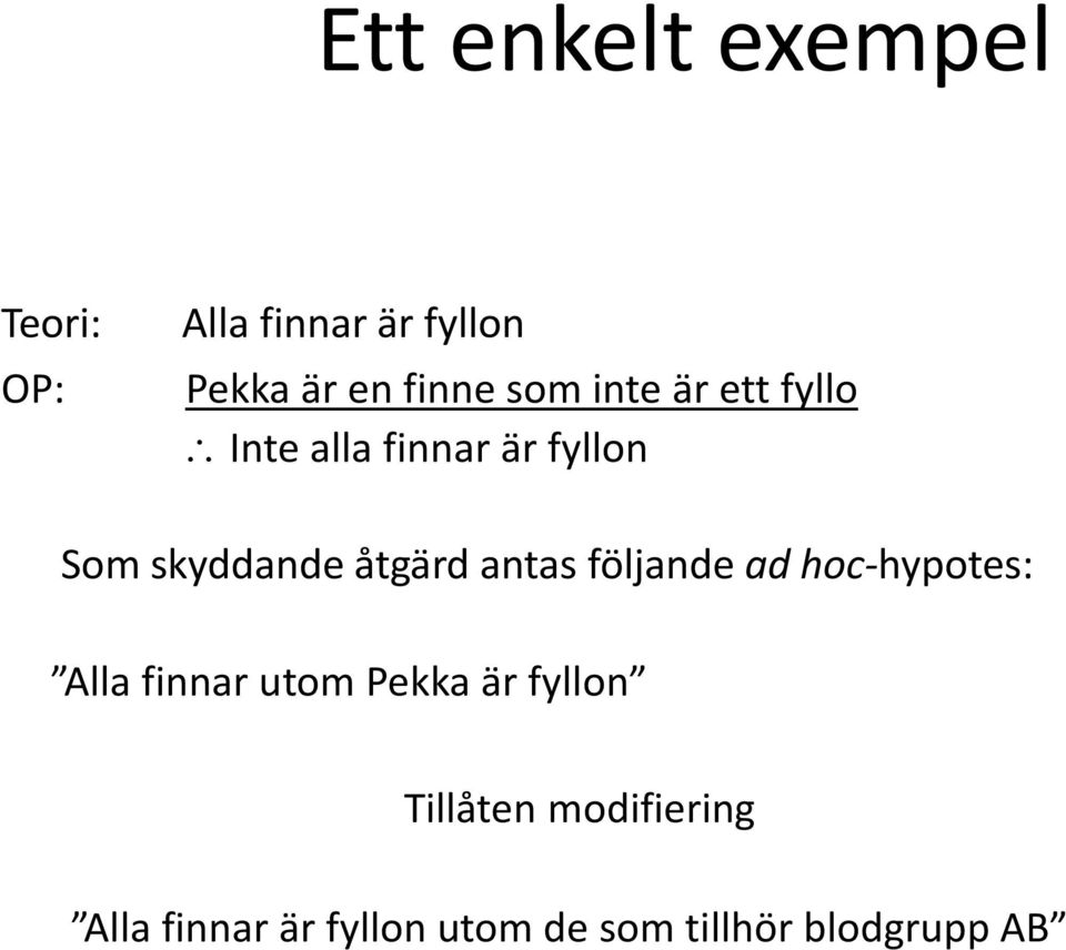 antas följande ad hoc-hypotes: Alla finnar utom Pekka är fyllon