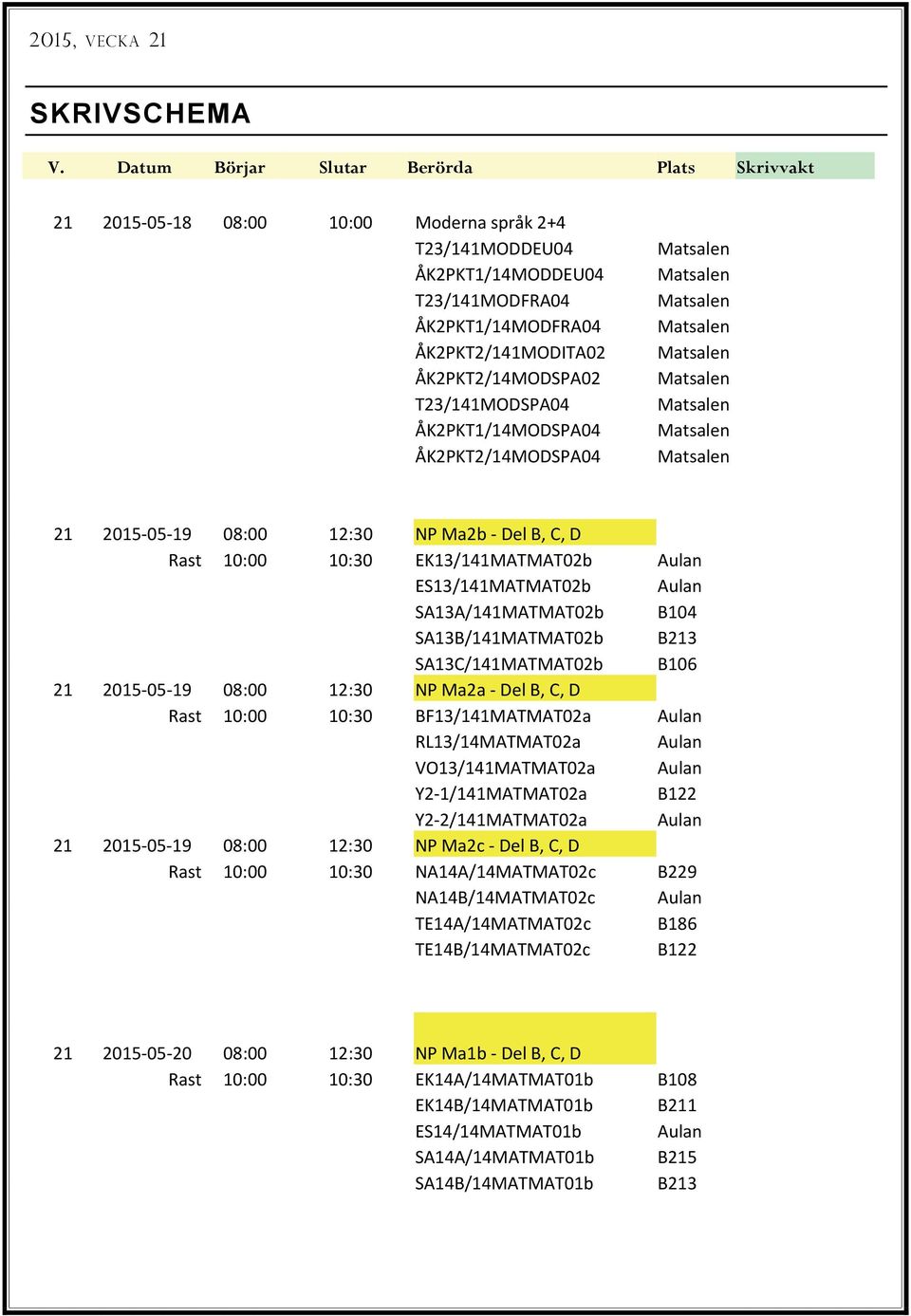 T23/141MODSPA04 ÅK2PKT1/14MODSPA04 ÅK2PKT2/14MODSPA04 21 2015 05 19 08:00 12:30 NP Ma2b Del B, C, D Rast 10:00 10:30 EK13/141MATMAT02b Aulan ES13/141MATMAT02b Aulan SA13A/141MATMAT02b B104