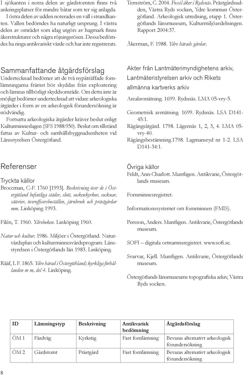 Fossil åker i Rydsnäs. Prästgårdsudden, Västra Ryds socken, Ydre kommun Östergötland. Arkeologisk utredning, etapp 1. Östergötlands länsmuseum, Kulturmiljöavdelningen. Rapport 2004:37. Åkerman, F.