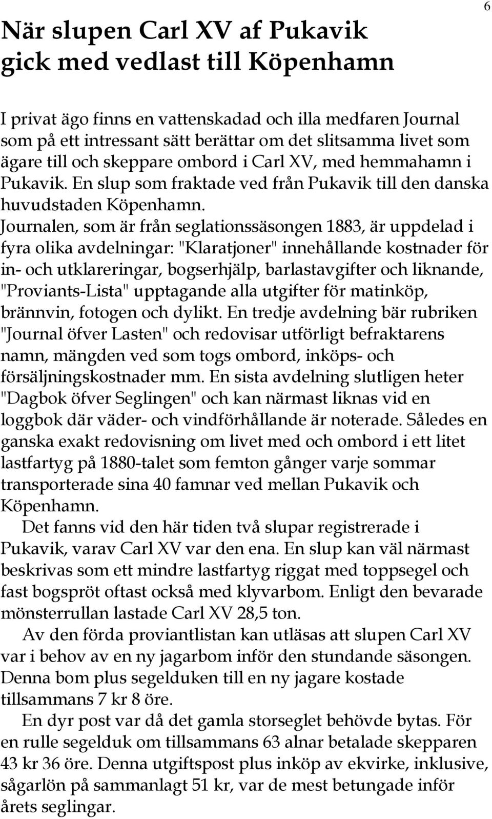 Journalen, som är från seglationssäsongen 1883, är uppdelad i fyra olika avdelningar: "Klaratjoner" innehållande kostnader för in- och utklareringar, bogserhjälp, barlastavgifter och liknande,