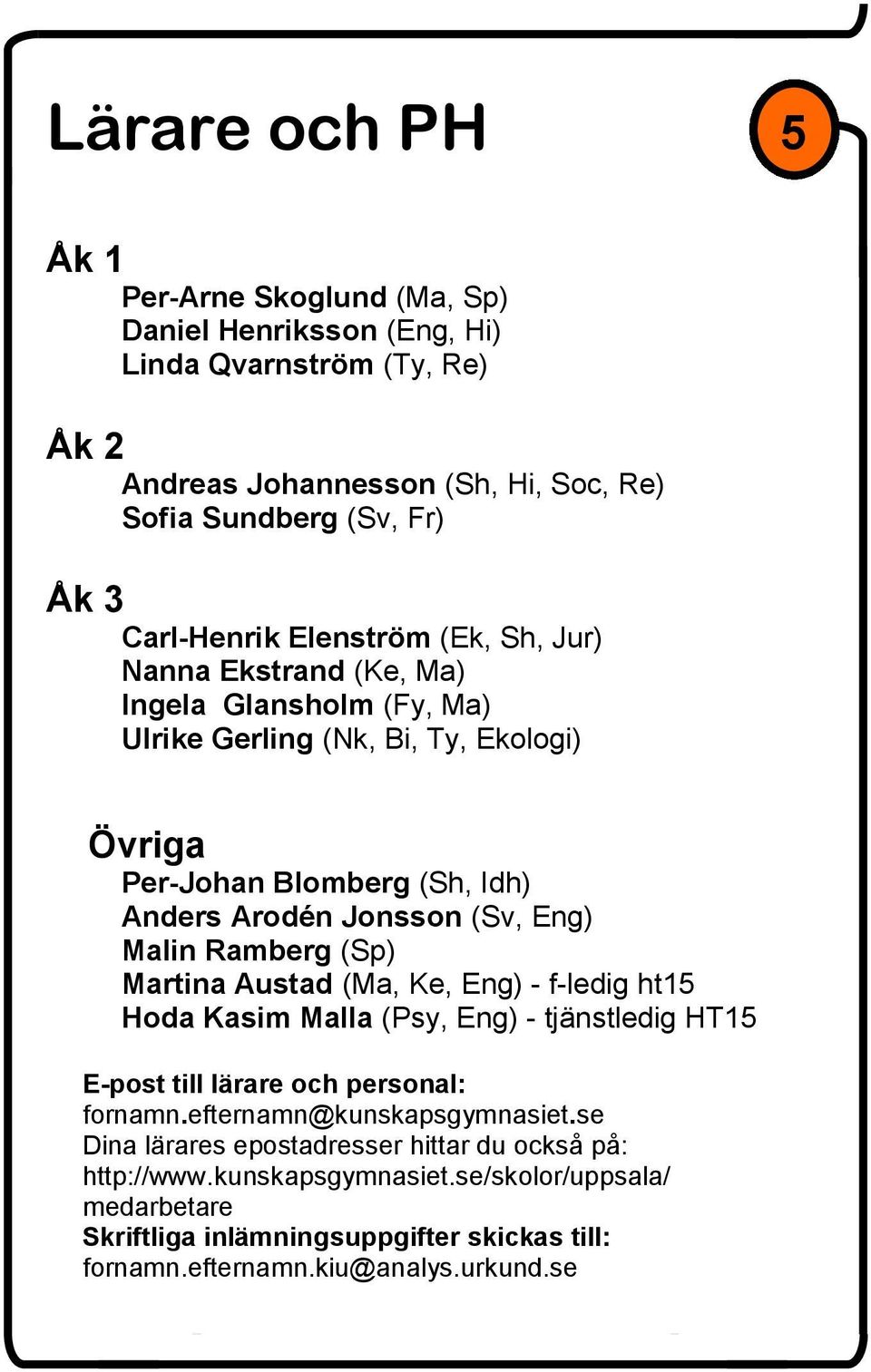 (Sv, Eng) Malin Ramberg (Sp) Martina Austad (Ma, Ke, Eng) - f-ledig ht15 Hoda Kasim Malla (Psy, Eng) - tjänstledig HT15 E-post till lärare och personal: fornamn.