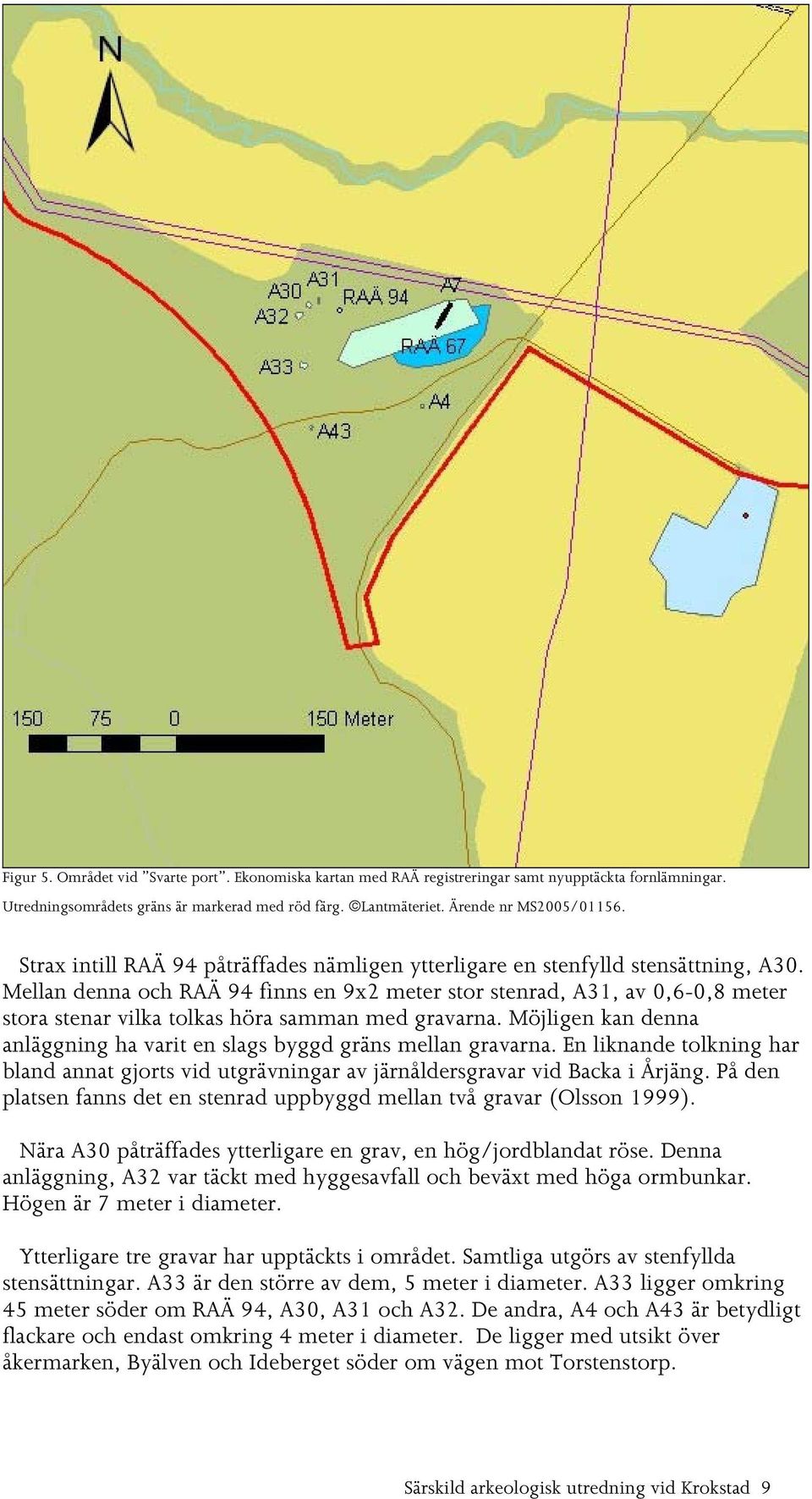 Mellan denna och RAÄ 94 finns en 9x2 meter stor stenrad, A31, av 0,6-0,8 meter stora stenar vilka tolkas höra samman med gravarna.