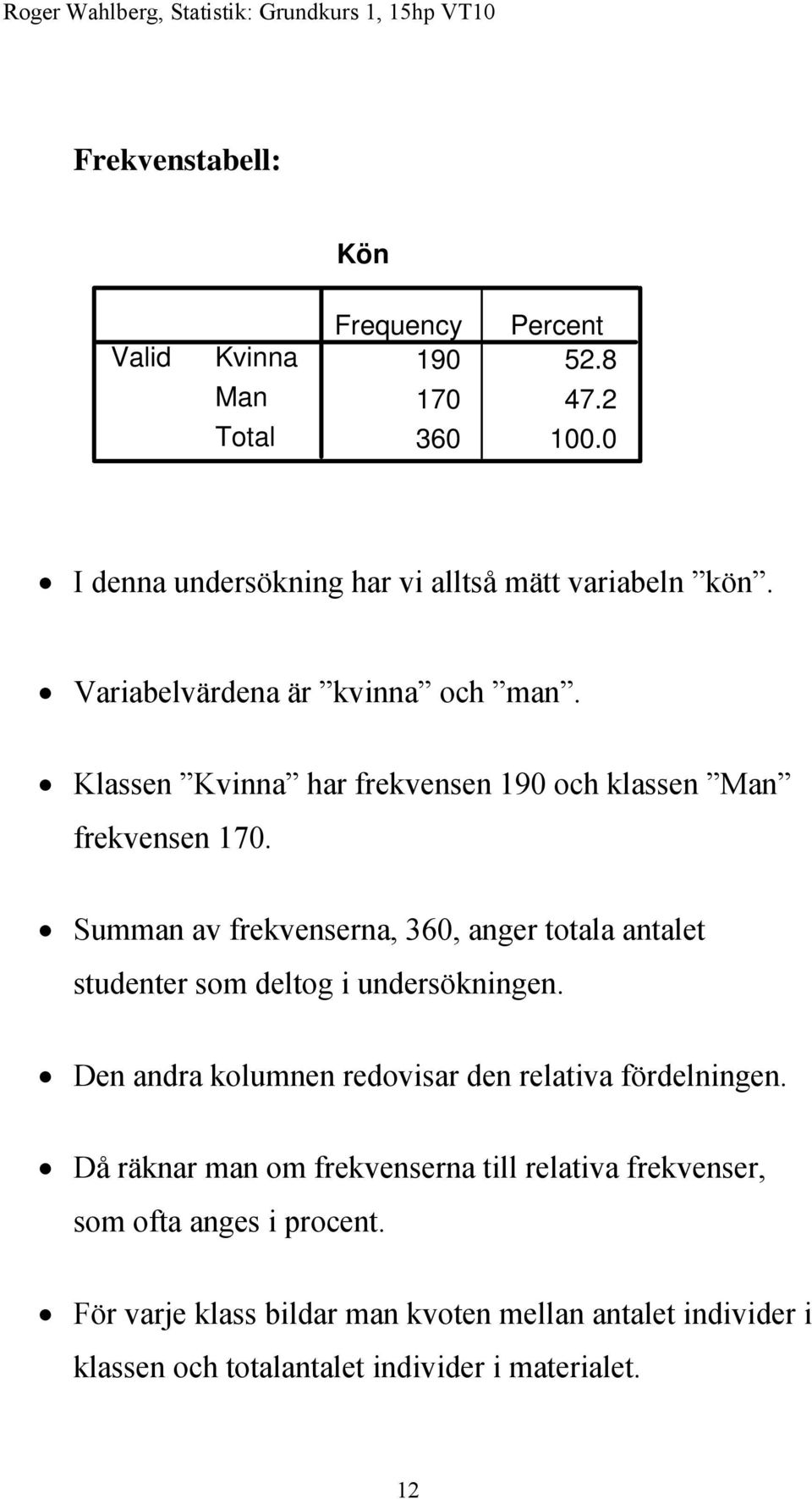 Summan av frekvenserna, 360, anger totala antalet studenter som deltog i undersökningen. Den andra kolumnen redovisar den relativa fördelningen.