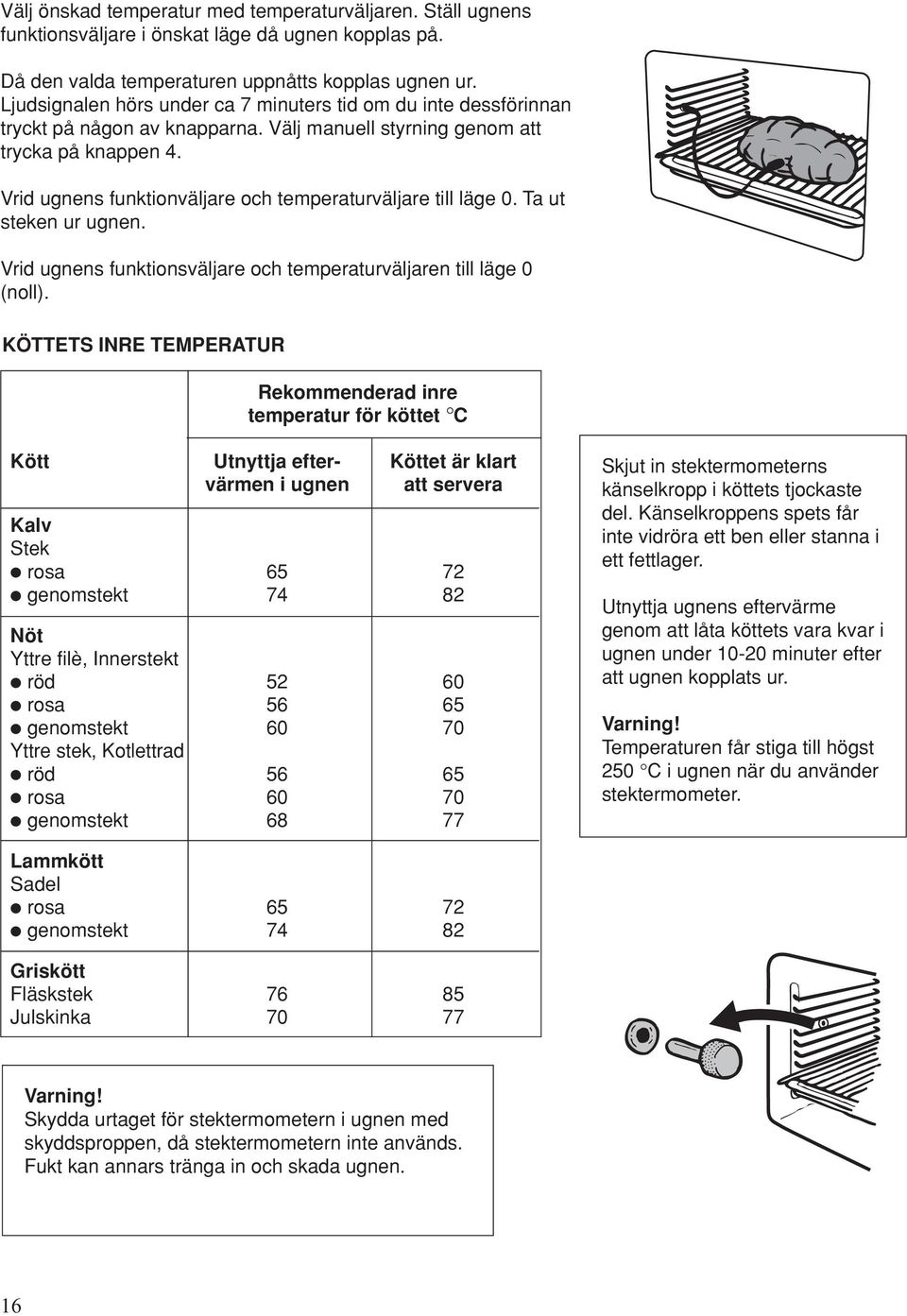 Vrid ugnens funktionväljare och temperaturväljare till läge 0. Ta ut steken ur ugnen. Vrid ugnens funktionsväljare och temperaturväljaren till läge 0 (noll).