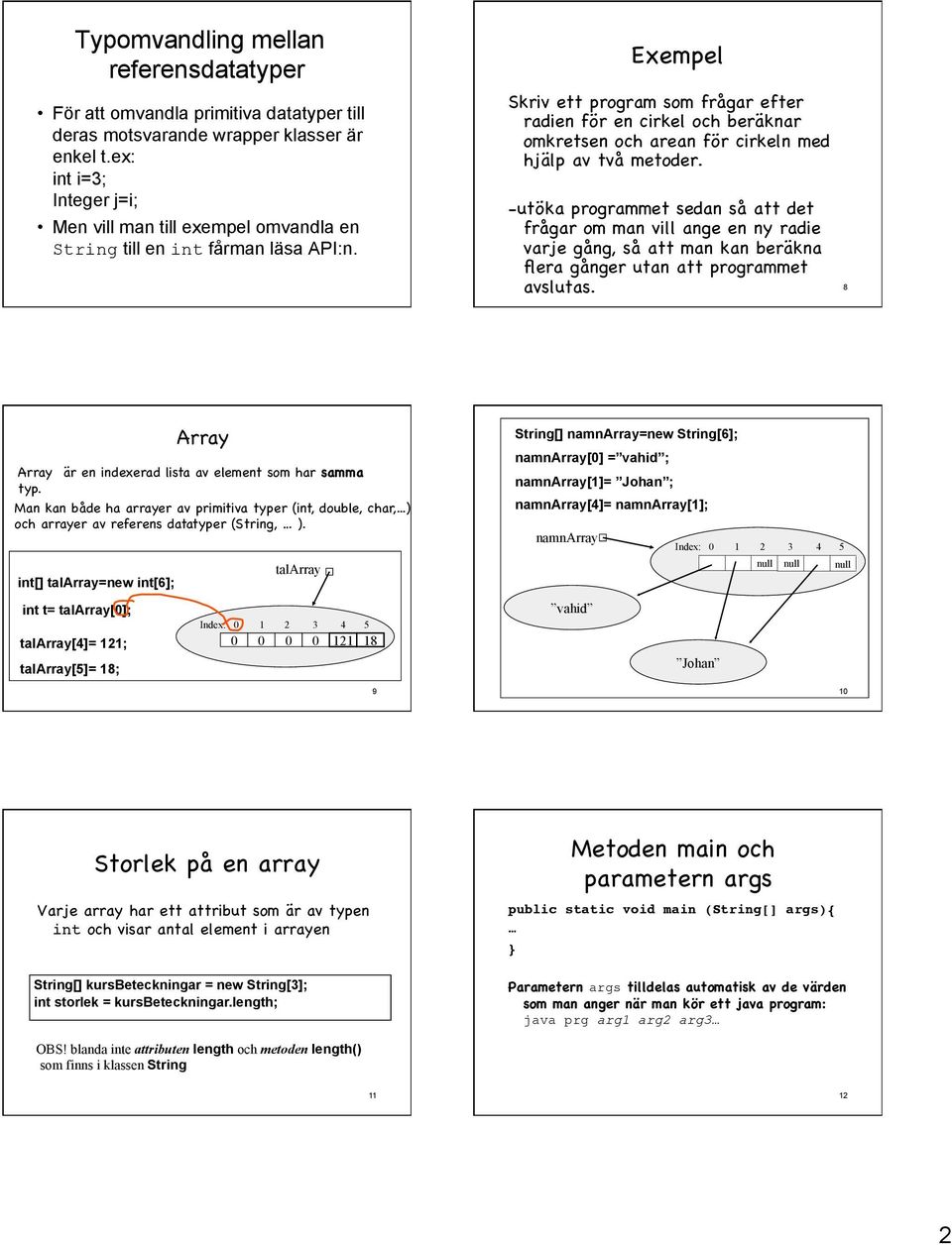Exempel Skriv ett program som frågar efter radien för en cirkel och beräknar omkretsen och arean för cirkeln med hjälp av två metoder.