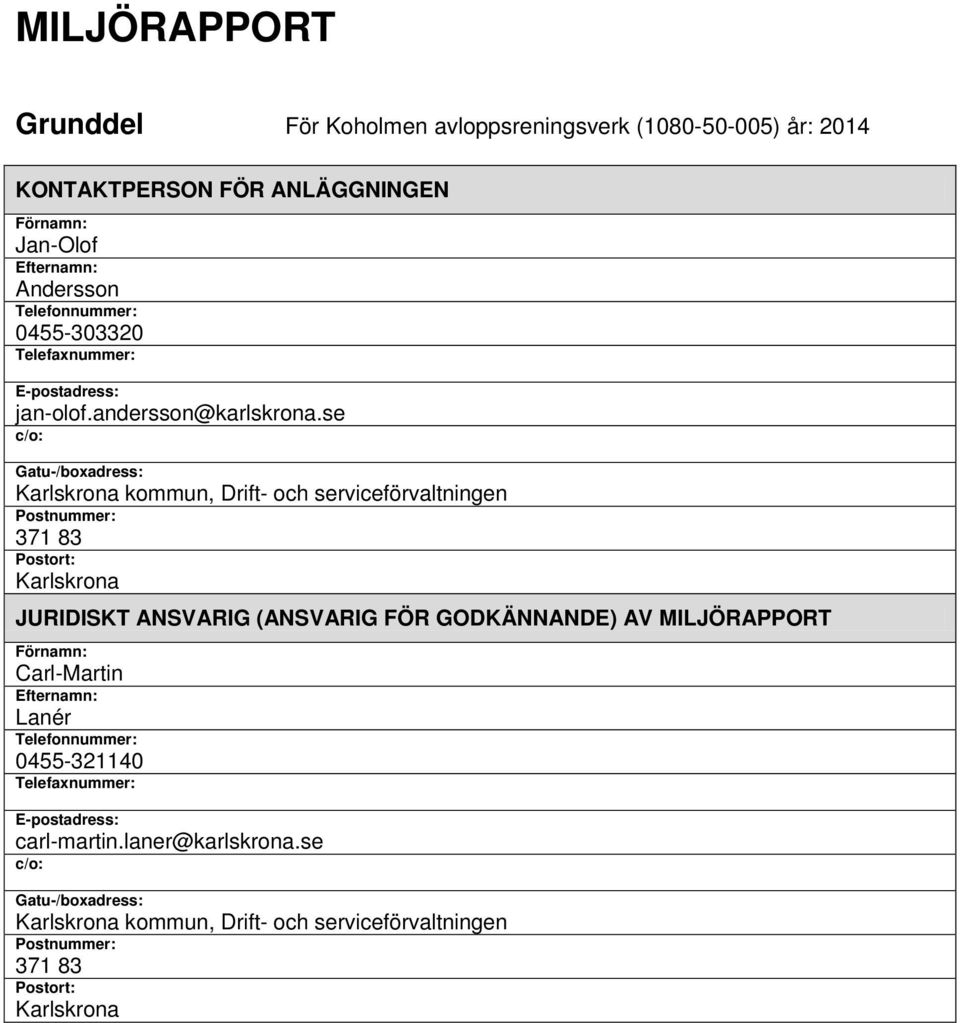 se c/o: Gatu-/boxadress: Karlskrona kommun, Drift- och serviceförvaltningen Postnummer: 371 83 Postort: Karlskrona JURIDISKT ANSVARIG (ANSVARIG FÖR GODKÄNNANDE)