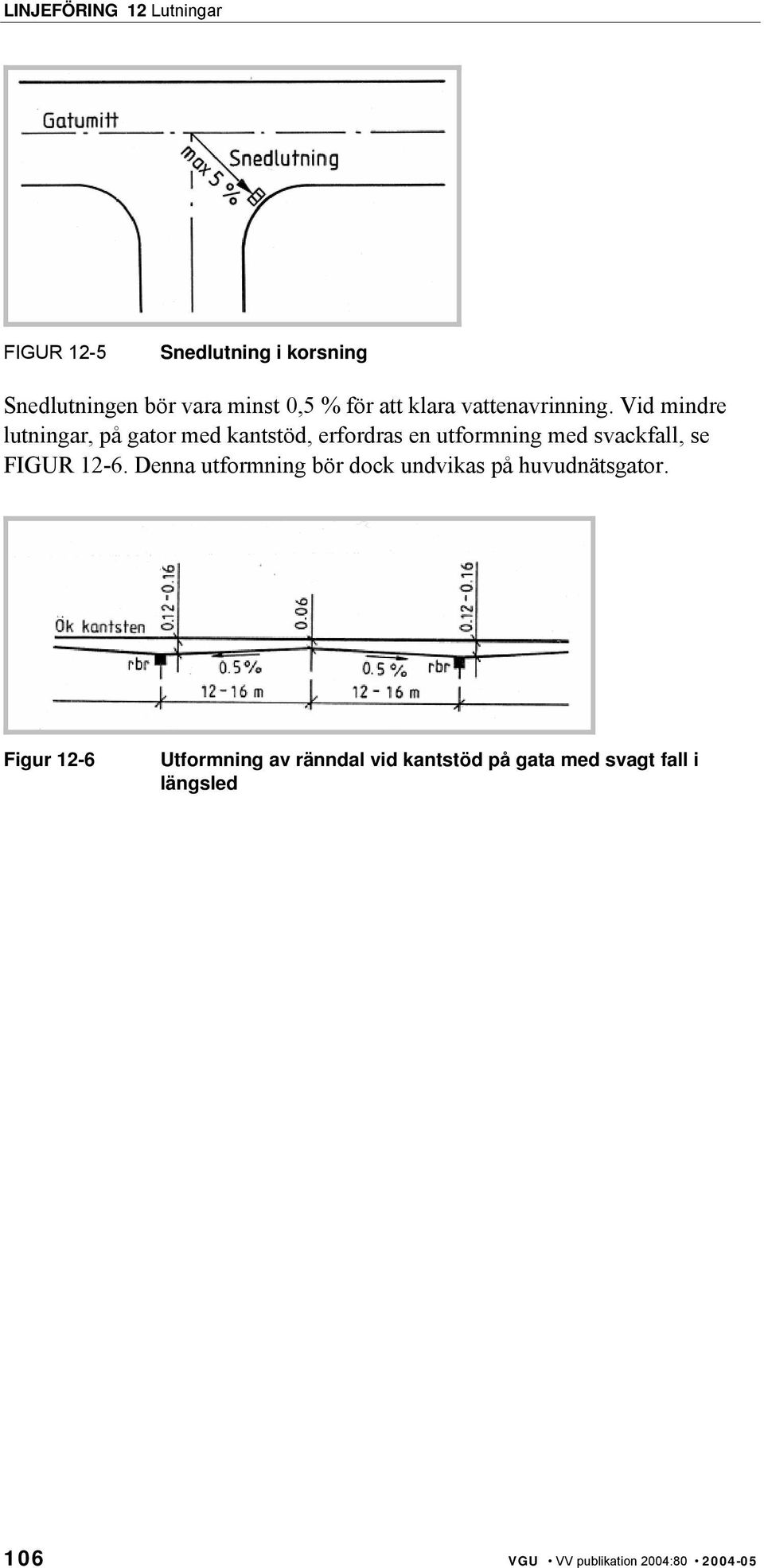 Vid mindre lutningar, på gator med kantstöd, erfordras en utformning med svackfall, se FIGUR