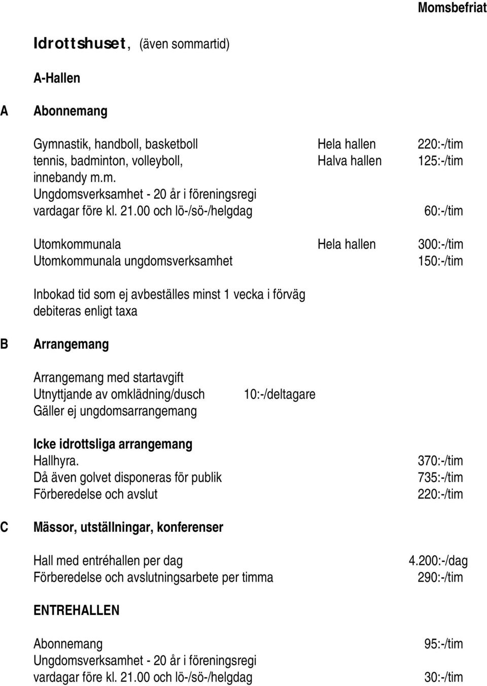 Arrangemang Arrangemang med startavgift Utnyttjande av omklädning/dusch Gäller ej ungdomsarrangemang 10:-/deltagare Icke idrottsliga arrangemang Hallhyra.