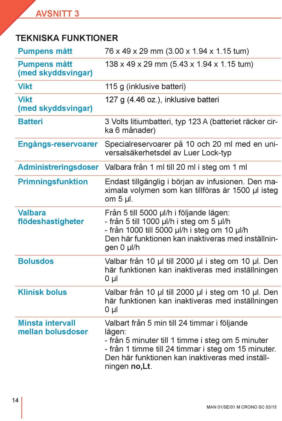 ), inklusive batteri 3 Volts litiumbatteri, typ 123 A (batteriet räcker cirka 6 månader) Specialreservoarer på 10 och 20 ml med en universalsäkerhetsdel av Luer Lock-typ Valbara från 1 ml till 20 ml