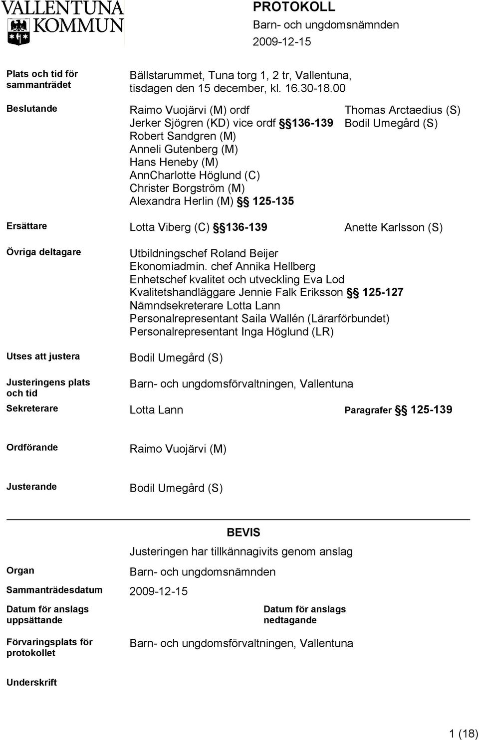 (M) 125-135 Thomas Arctaedius (S) Bodil Umegård (S) Ersättare Lotta Viberg (C) 136-139 Anette Karlsson (S) Övriga deltagare Utses att justera Utbildningschef Roland Beijer Ekonomiadmin.