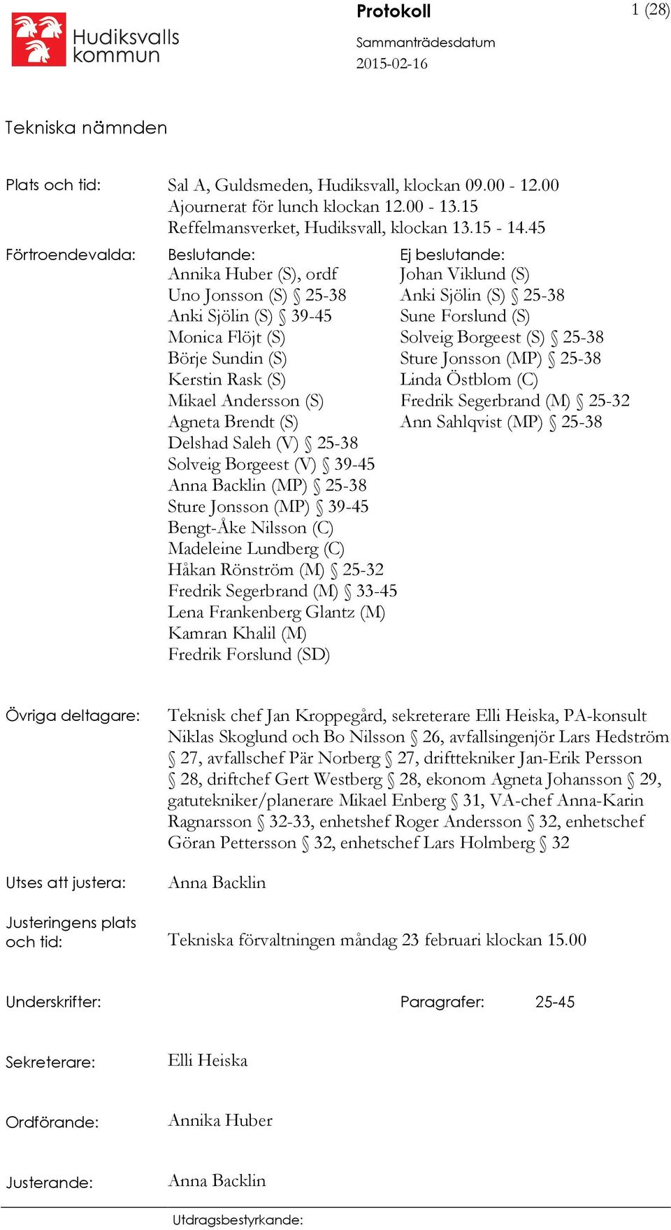 Borgeest (S) 25-38 Börje Sundin (S) Sture Jonsson (MP) 25-38 Kerstin Rask (S) Linda Östblom (C) Mikael Andersson (S) Fredrik Segerbrand (M) 25-32 Agneta Brendt (S) Ann Sahlqvist (MP) 25-38 Delshad