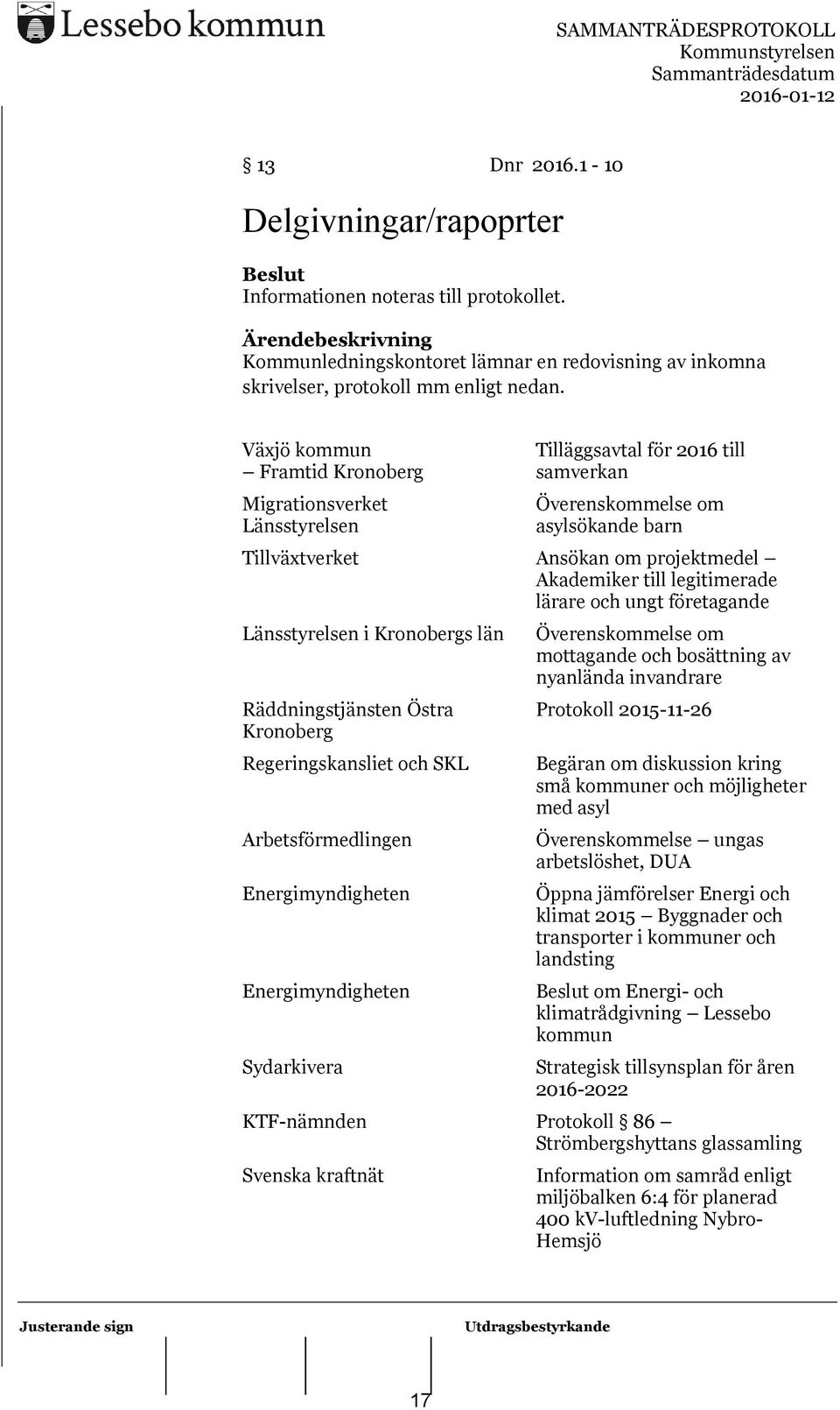 legitimerade lärare och ungt företagande Länsstyrelsen i Kronobergs län Räddningstjänsten Östra Kronoberg Regeringskansliet och SKL Arbetsförmedlingen Energimyndigheten Energimyndigheten Sydarkivera