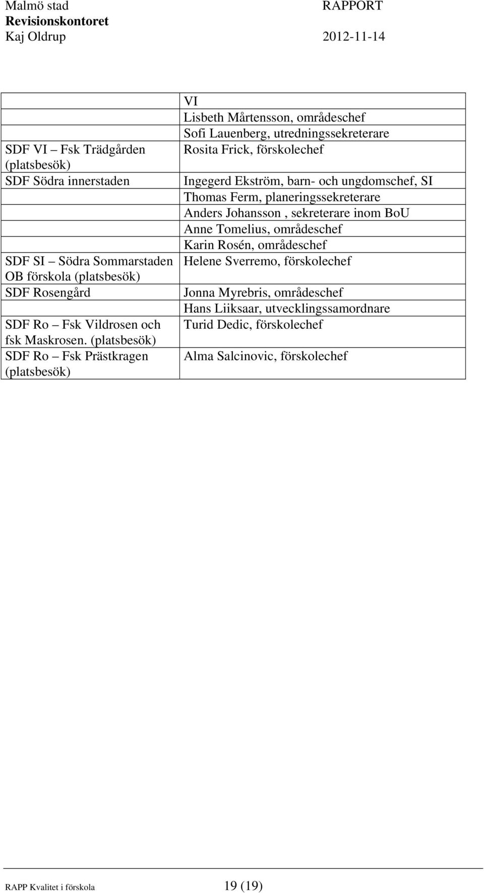 Ekström, barn- och ungdomschef, SI Thomas Ferm, planeringssekreterare Anders Johansson, sekreterare inom BoU Anne Tomelius, områdeschef Karin Rosén, områdeschef