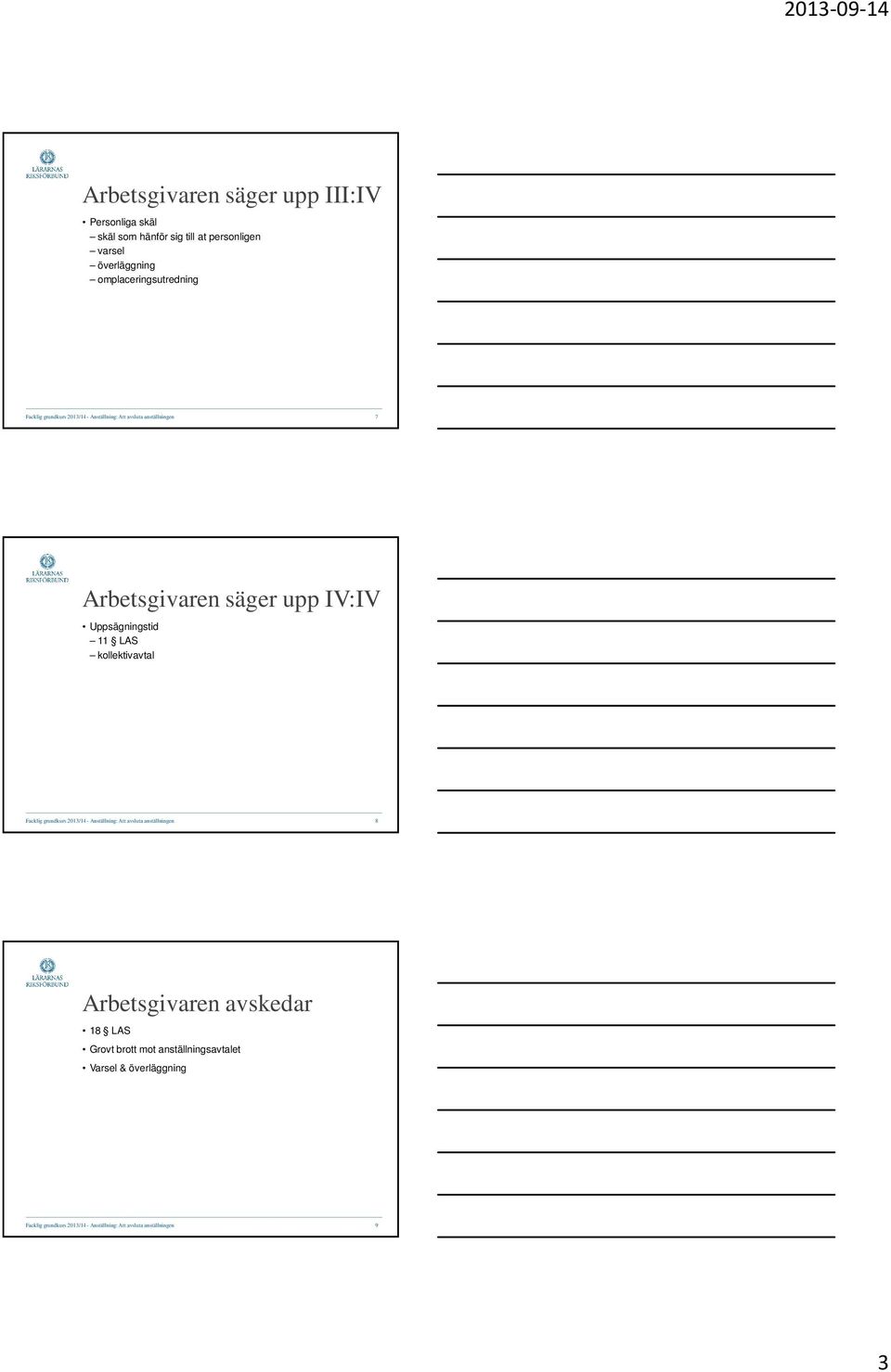 Uppsägningstid 11 LAS kollektivavtal Facklig grundkurs 2013/14 - Anställning: Att avsluta anställningen 8 Arbetsgivaren