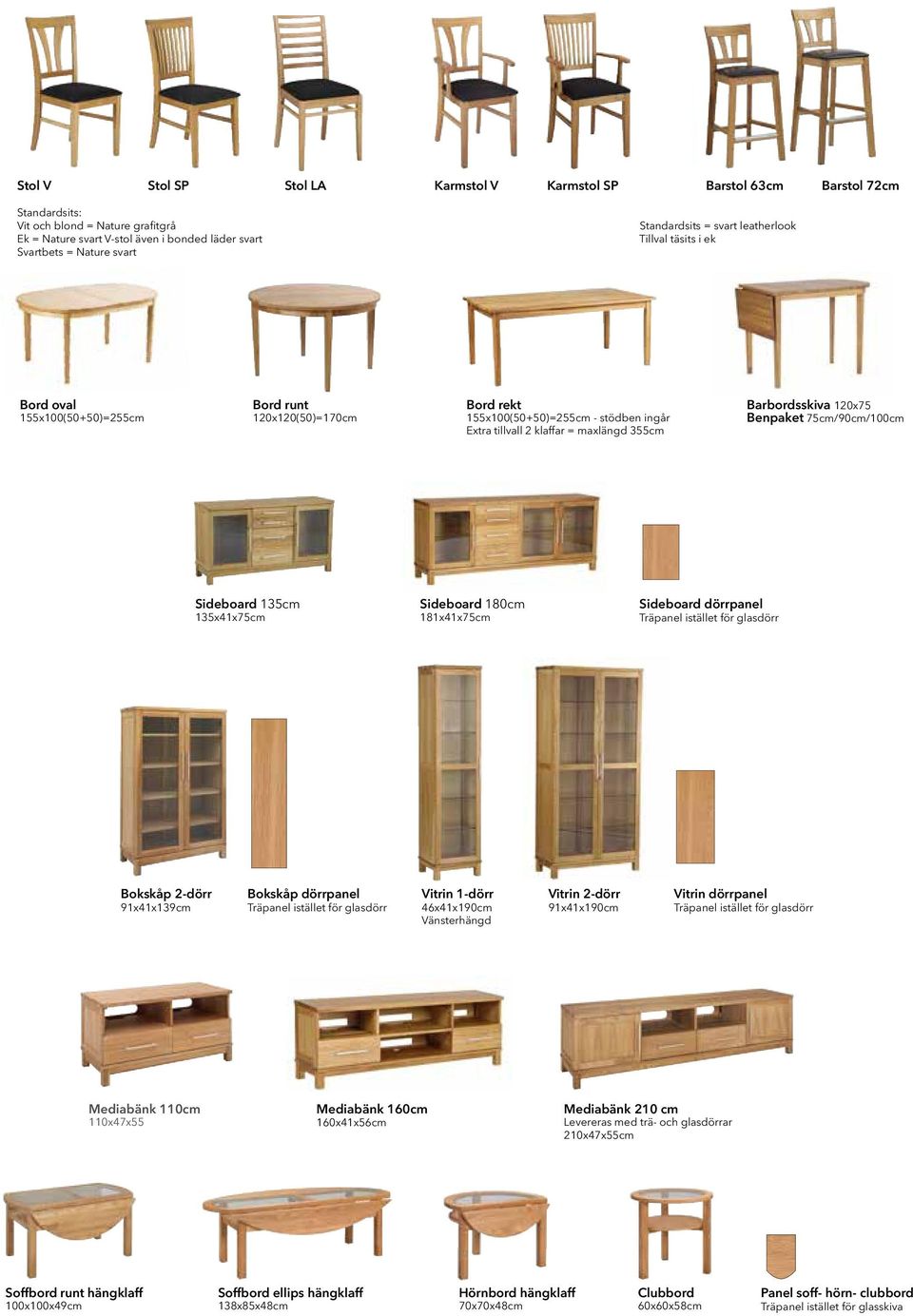 355cm Barbordsskiva 120x75 Benpaket 75cm/90cm/100cm Sideboard 135cm 135x41x75cm Sideboard 180cm 181x41x75cm Sideboard dörrpanel Träpanel istället för glasdörr Bokskåp 2-dörr 91x41x139cm Bokskåp