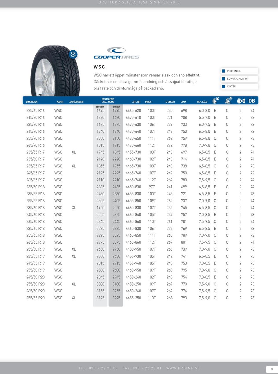 C 2 72 245/70 R16 WSC 1740 1840 4470-640 107T 248 750 6,5-8,0 E C 2 72 255/70 R16 WSC 2050 2150 4470-650 111T 262 759 6,5-8,0 C C 2 73 265/70 R16 WSC 1815 1915 4470-660 112T 272 778 7,0-9,0 C C 2 73