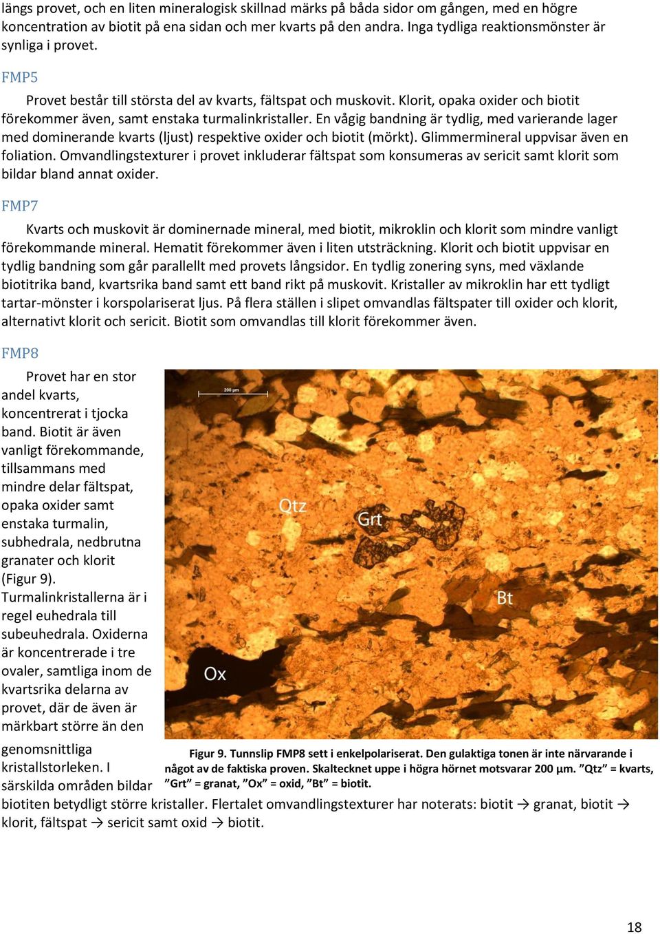 Klorit, opaka oxider och biotit förekommer även, samt enstaka turmalinkristaller. En vågig bandning är tydlig, med varierande lager med dominerande kvarts (ljust) respektive oxider och biotit (mörkt).