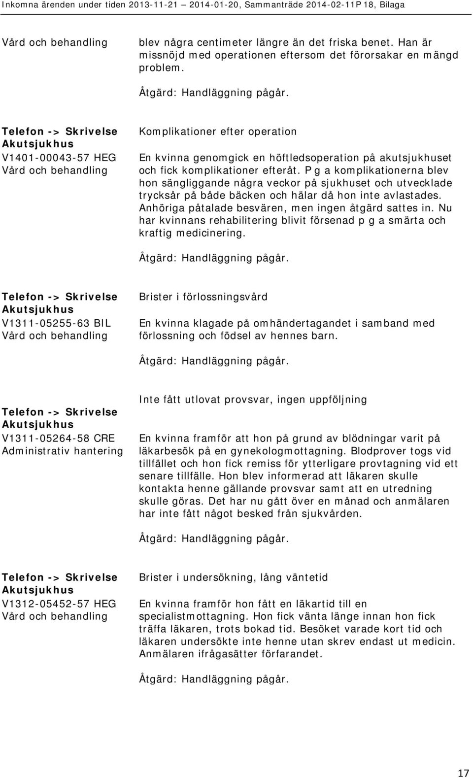 P g a komplikationerna blev hon sängliggande några veckor på sjukhuset och utvecklade trycksår på både bäcken och hälar då hon inte avlastades. Anhöriga påtalade besvären, men ingen åtgärd sattes in.