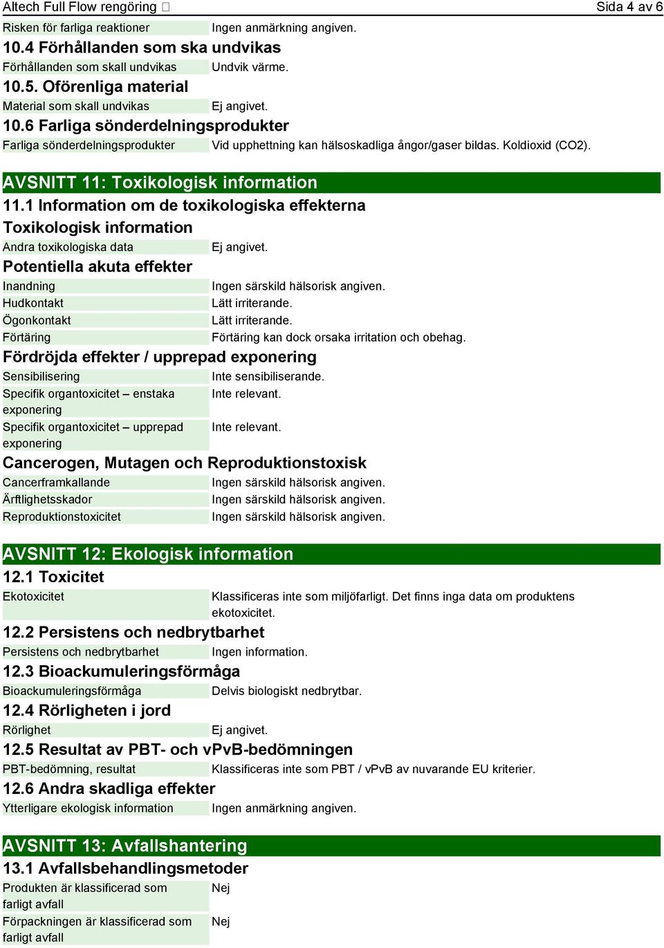 AVSNITT 11: Toxikologisk information 11.1 Information om de toxikologiska effekterna Toxikologisk information Andra toxikologiska data Ej angivet.