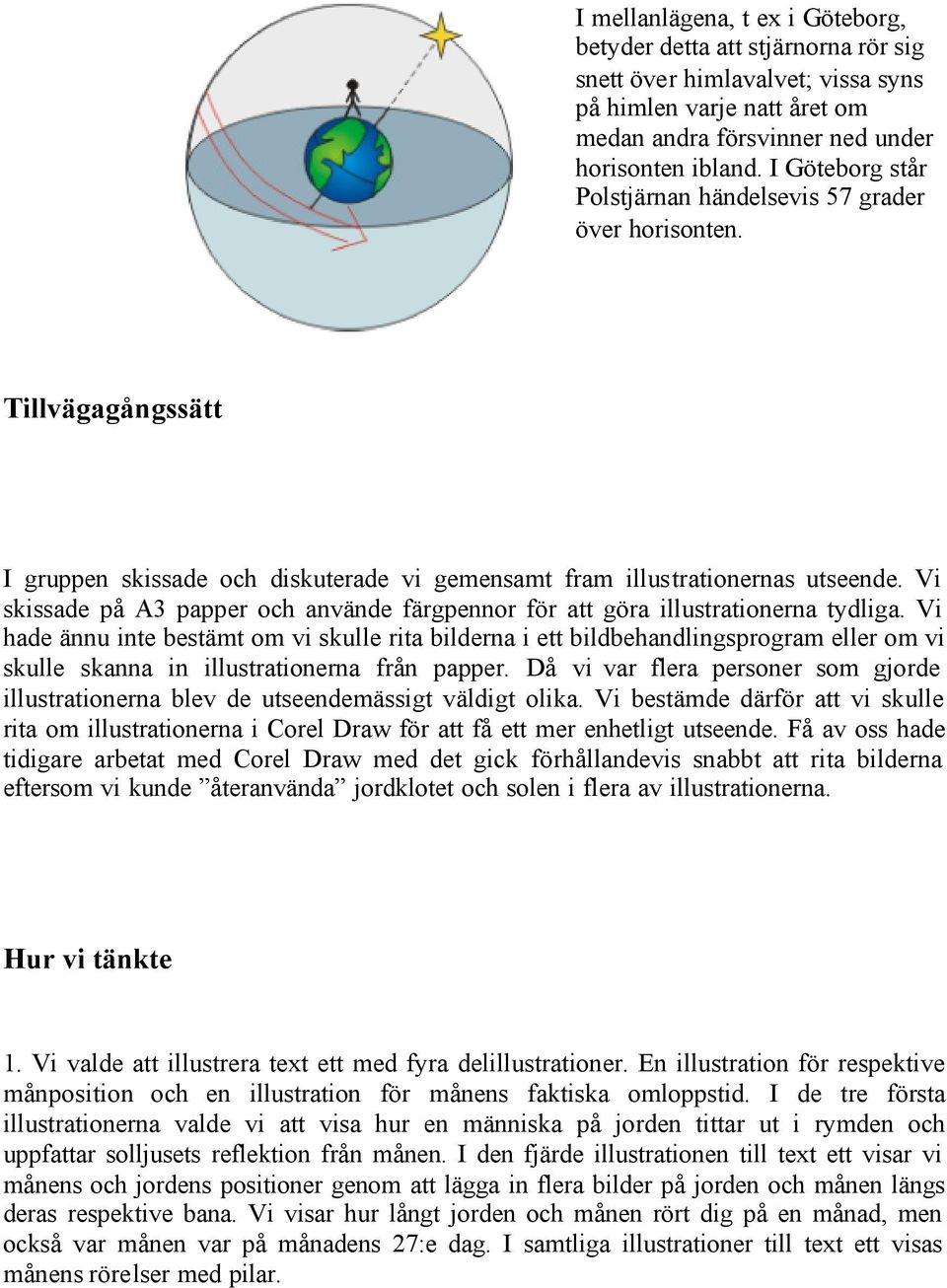 Vi skissade på A3 papper och använde färgpennor för att göra illustrationerna tydliga.