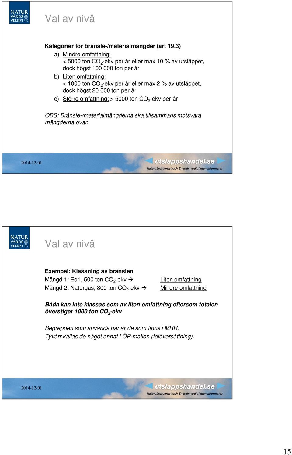 utsläppet, dock högst 20 000 ton per år c) Större omfattning: > 5000 ton CO 2 -ekv per år OBS: Bränsle-/materialmängderna ska tillsammans motsvara mängderna ovan.