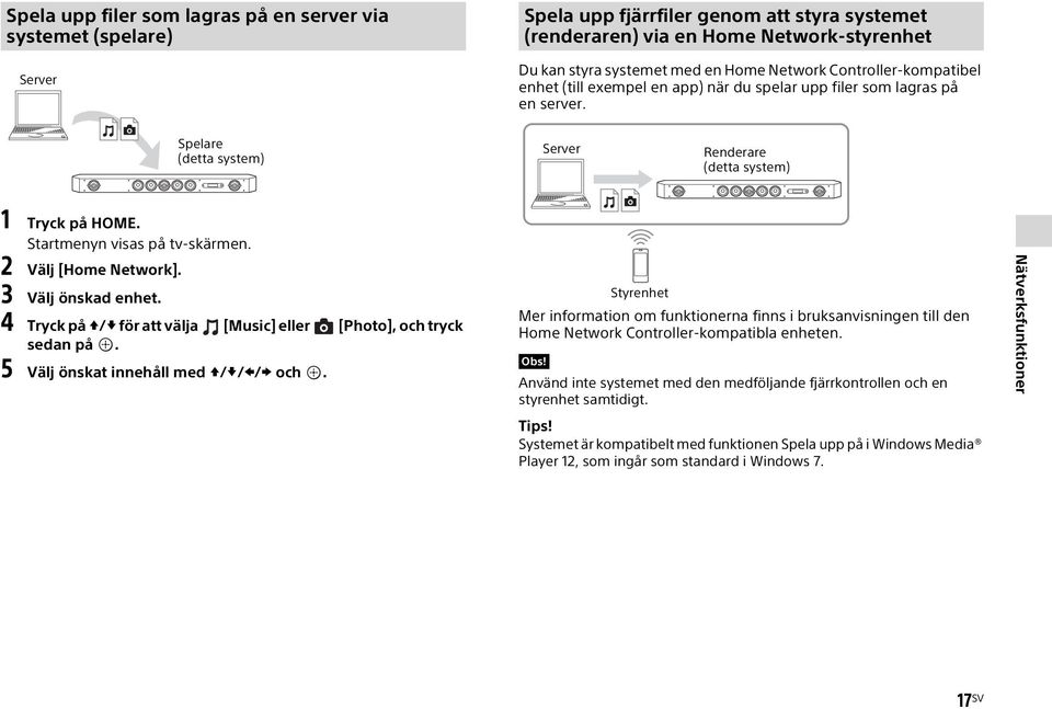 Startmenyn visas på tv-skärmen. 2 Välj [Home Network]. 3 Välj önskad enhet. 4 Tryck på / för att välja [Music] eller [Photo], och tryck sedan på. 5 Välj önskat innehåll med / / / och.