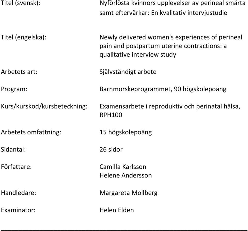 experiences of perineal pain and postpartum uterine contractions: a qualitative interview study Självständigt arbete Barnmorskeprogrammet, 90