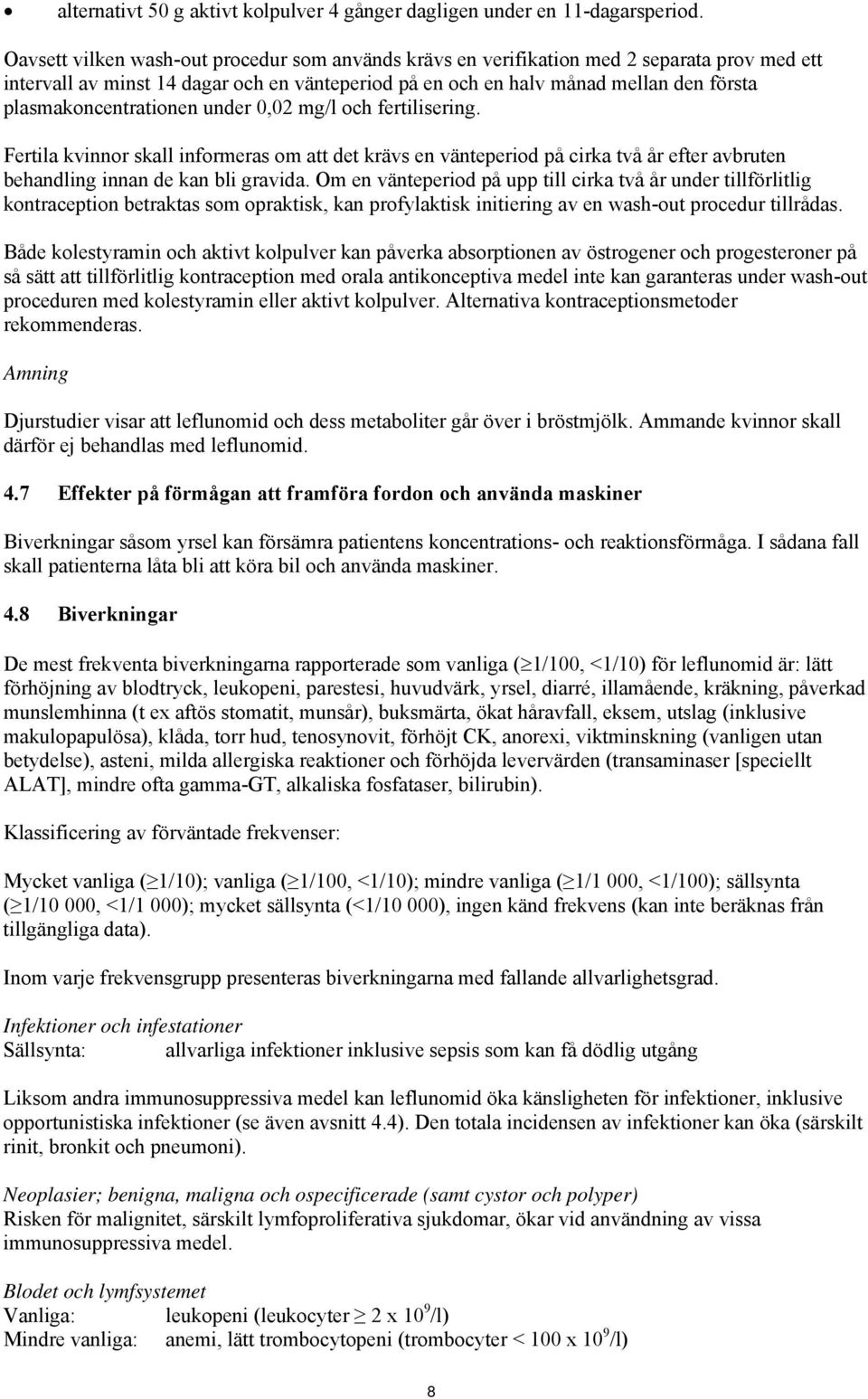 plasmakoncentrationen under 0,02 mg/l och fertilisering. Fertila kvinnor skall informeras om att det krävs en vänteperiod på cirka två år efter avbruten behandling innan de kan bli gravida.