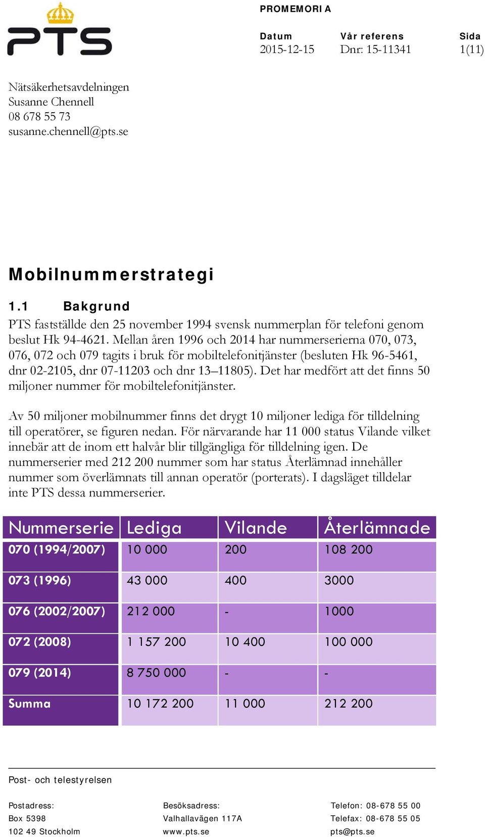 Mellan åren 1996 och 2014 har nummerserierna 070, 073, 076, 072 och 079 tagits i bruk för mobiltelefonitjänster (besluten Hk 96-5461, dnr 02-2105, dnr 07-11203 och dnr 13 11805).